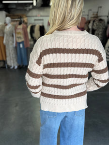 Oatmeal and Mocha Stripe Cable Knit Sweater With Side Slits