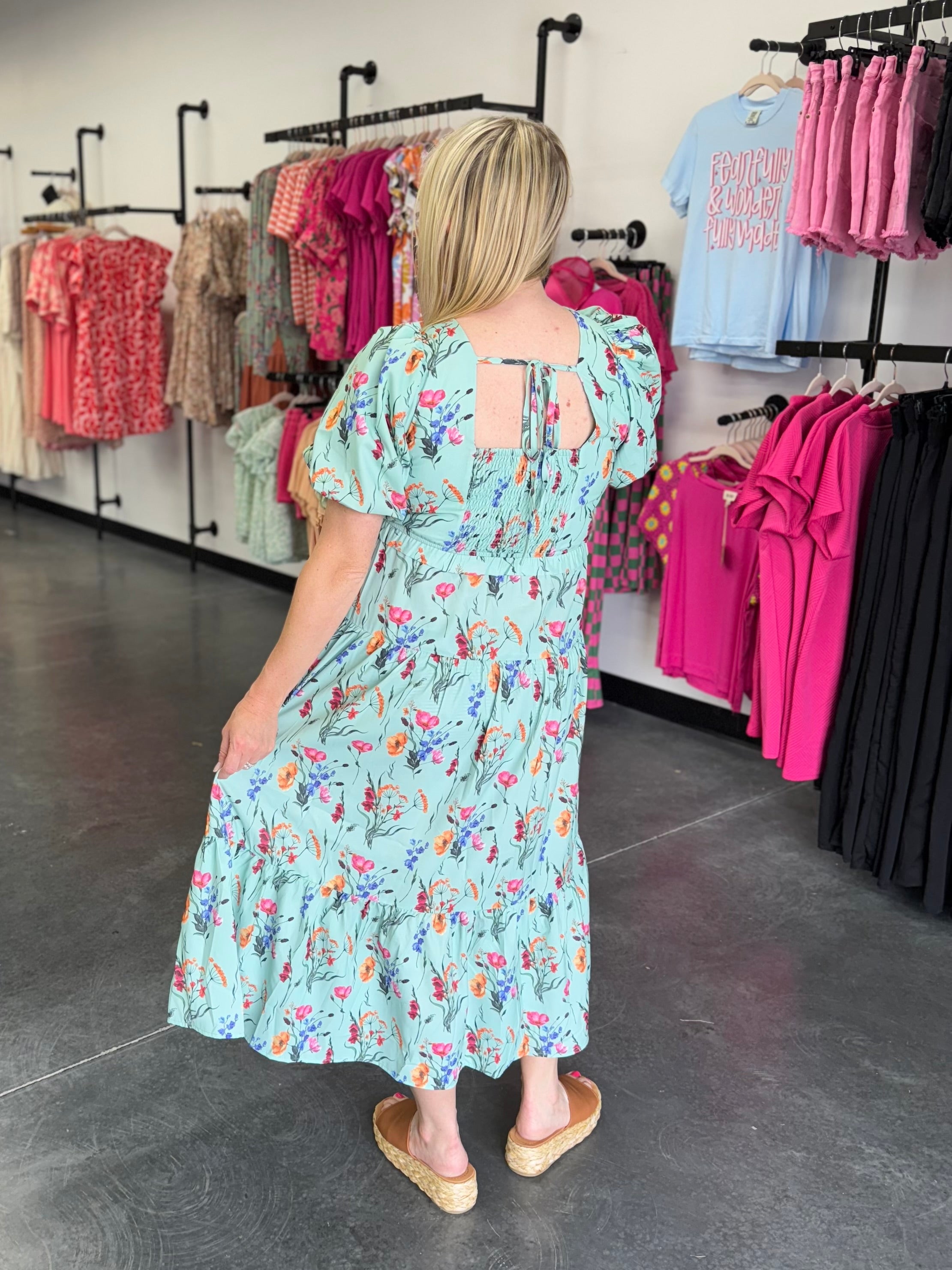 Mint Floral Square Neck Puff Sleeve Dress