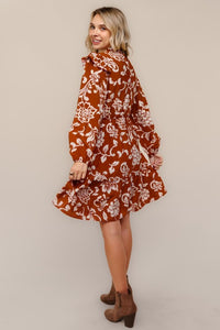 Fall Floral Tiered Mock Neck Midi Dress ￼