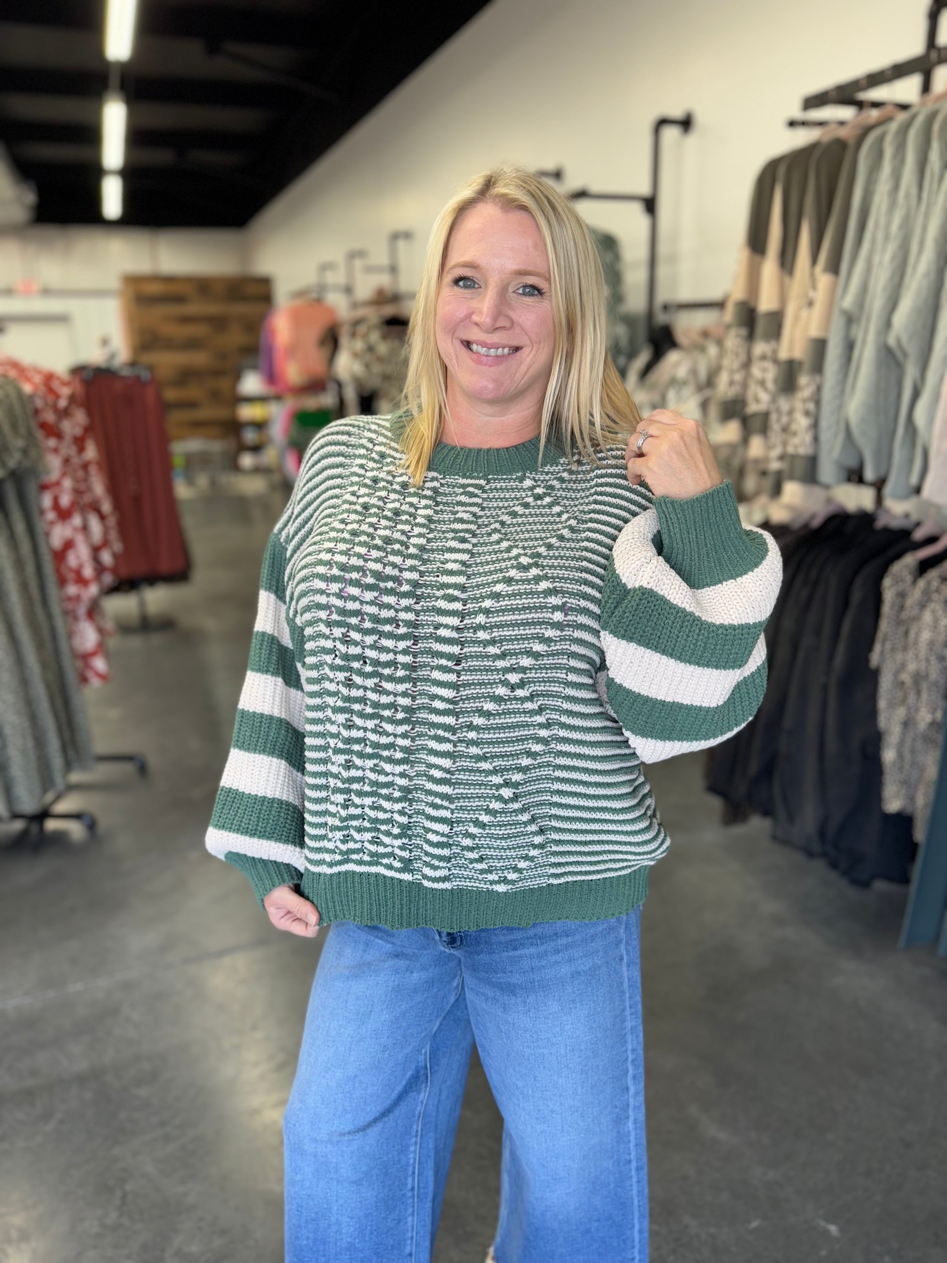 Green Striped Crochet Sweater