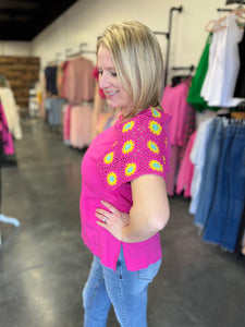 Fuchsia Woven Top with Crochet Sleeves