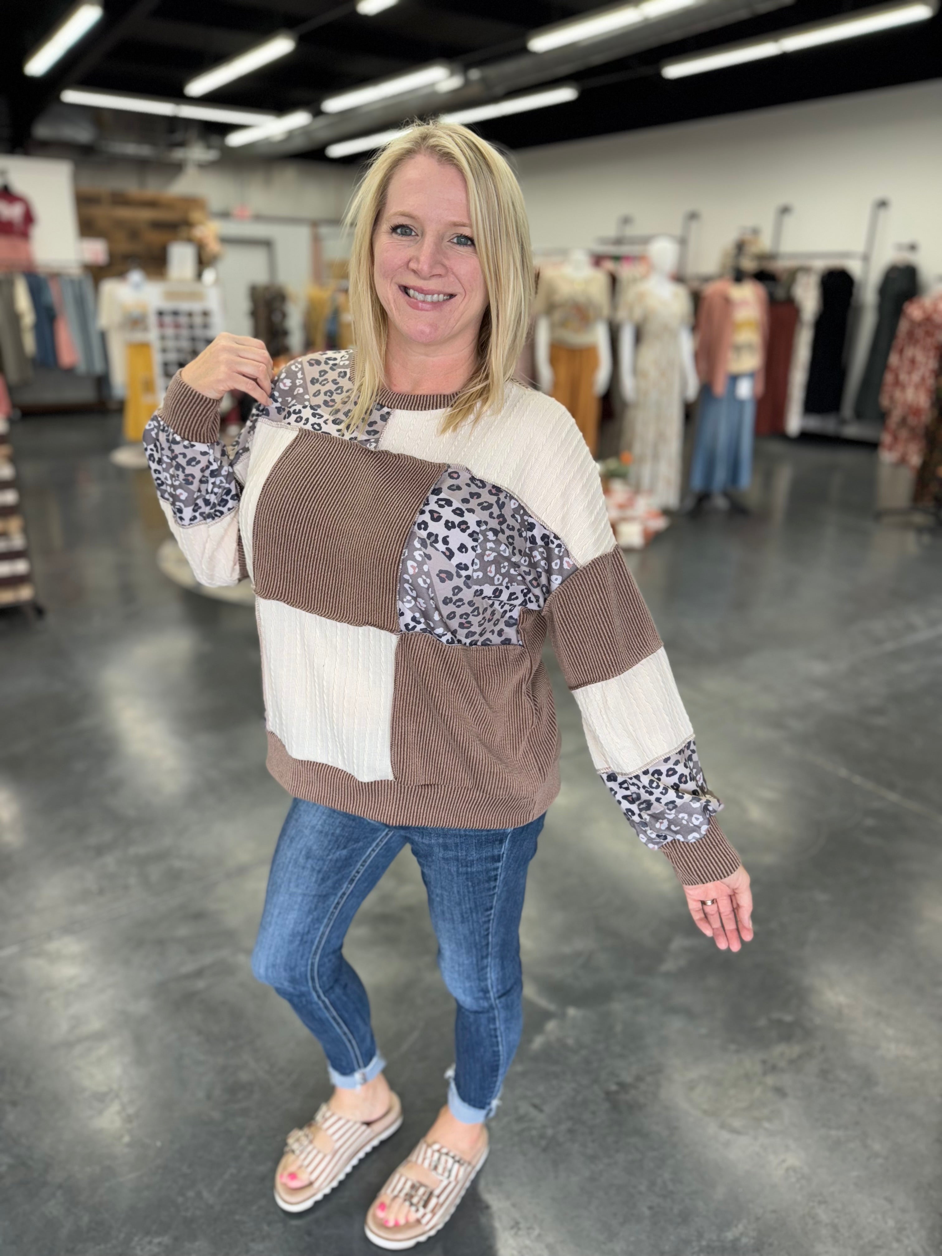 Round Neck Rib Cable Knit Leopard French Therry Top
