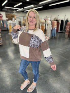 Round Neck Rib Cable Knit Leopard French Therry Top