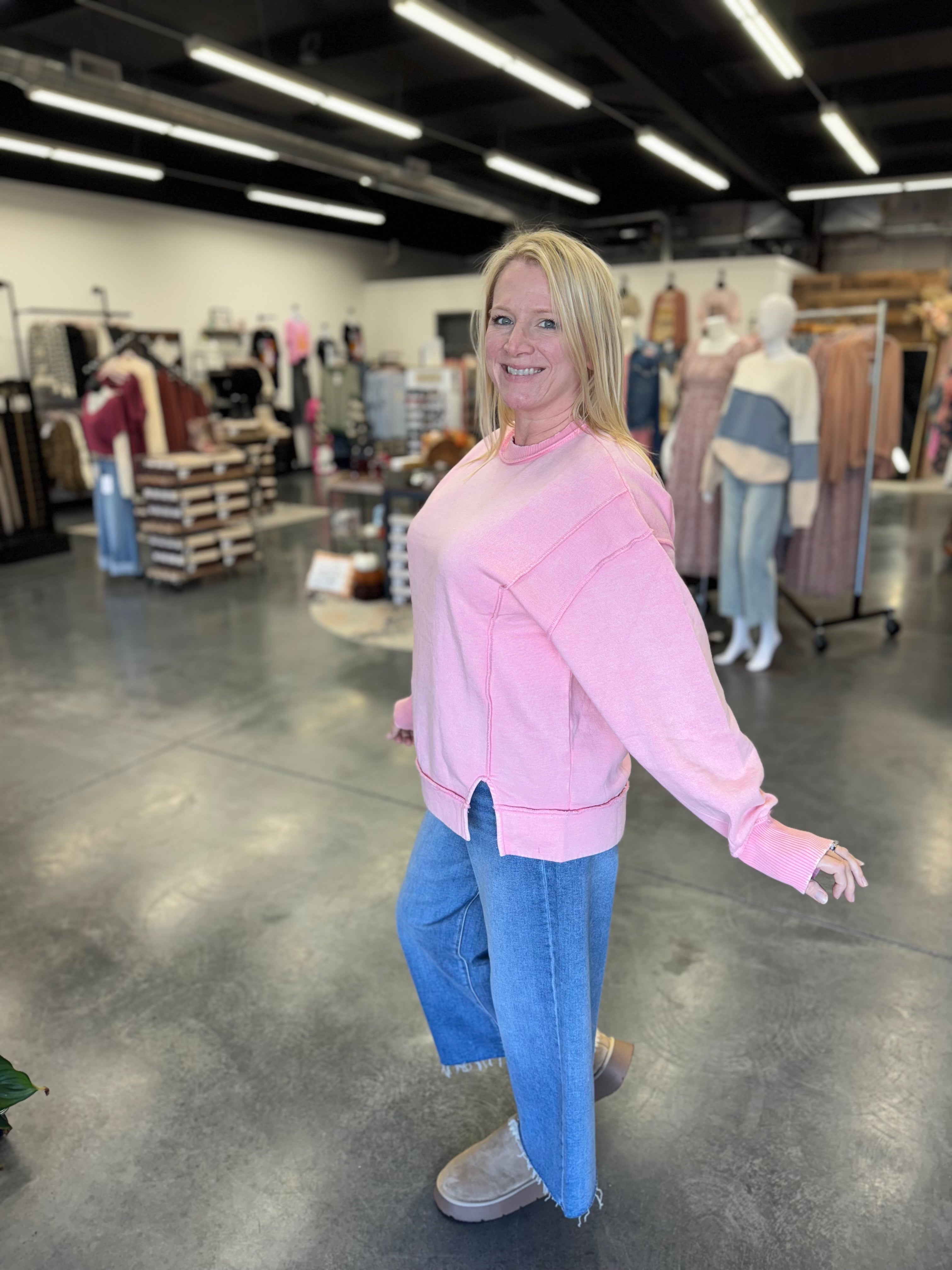 Acid Wash Exposed-Seam Fleece Sweatshirt