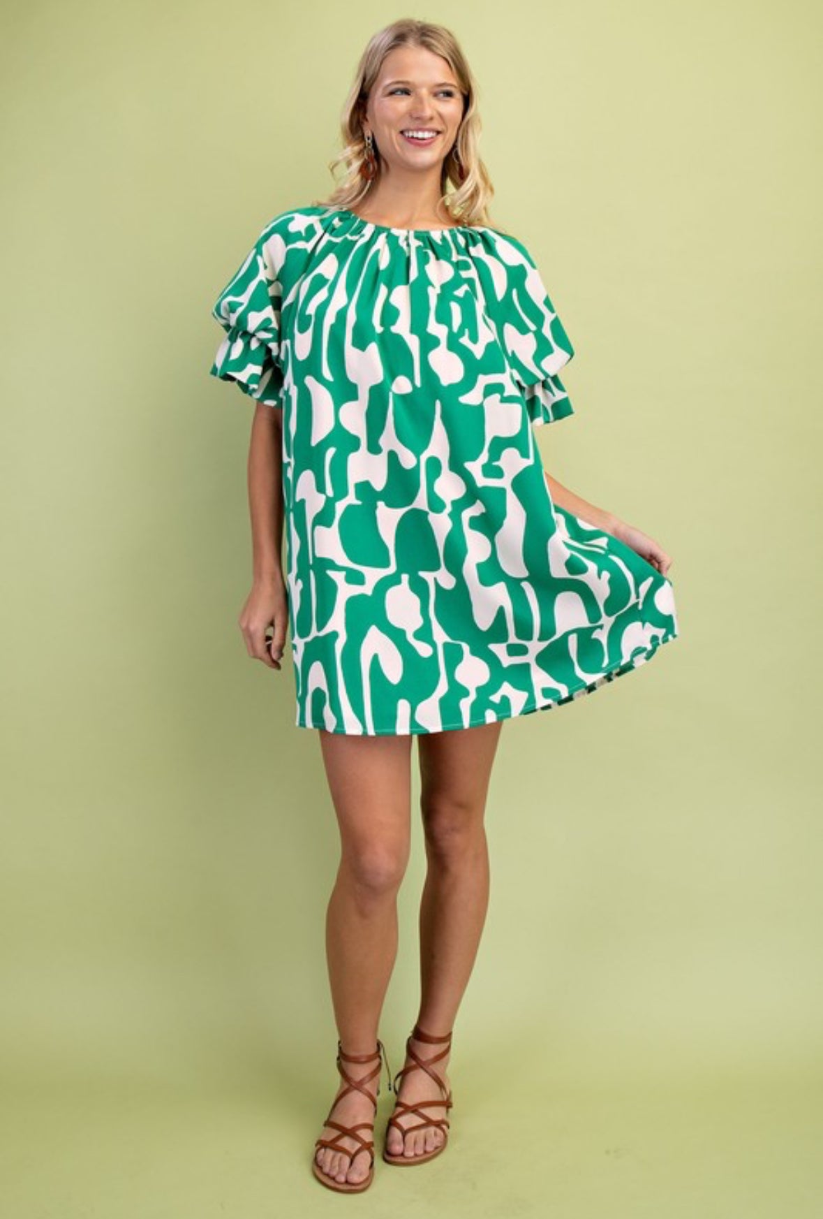 Kelly Green and White Geometric Print Loose Fit Mini Dress