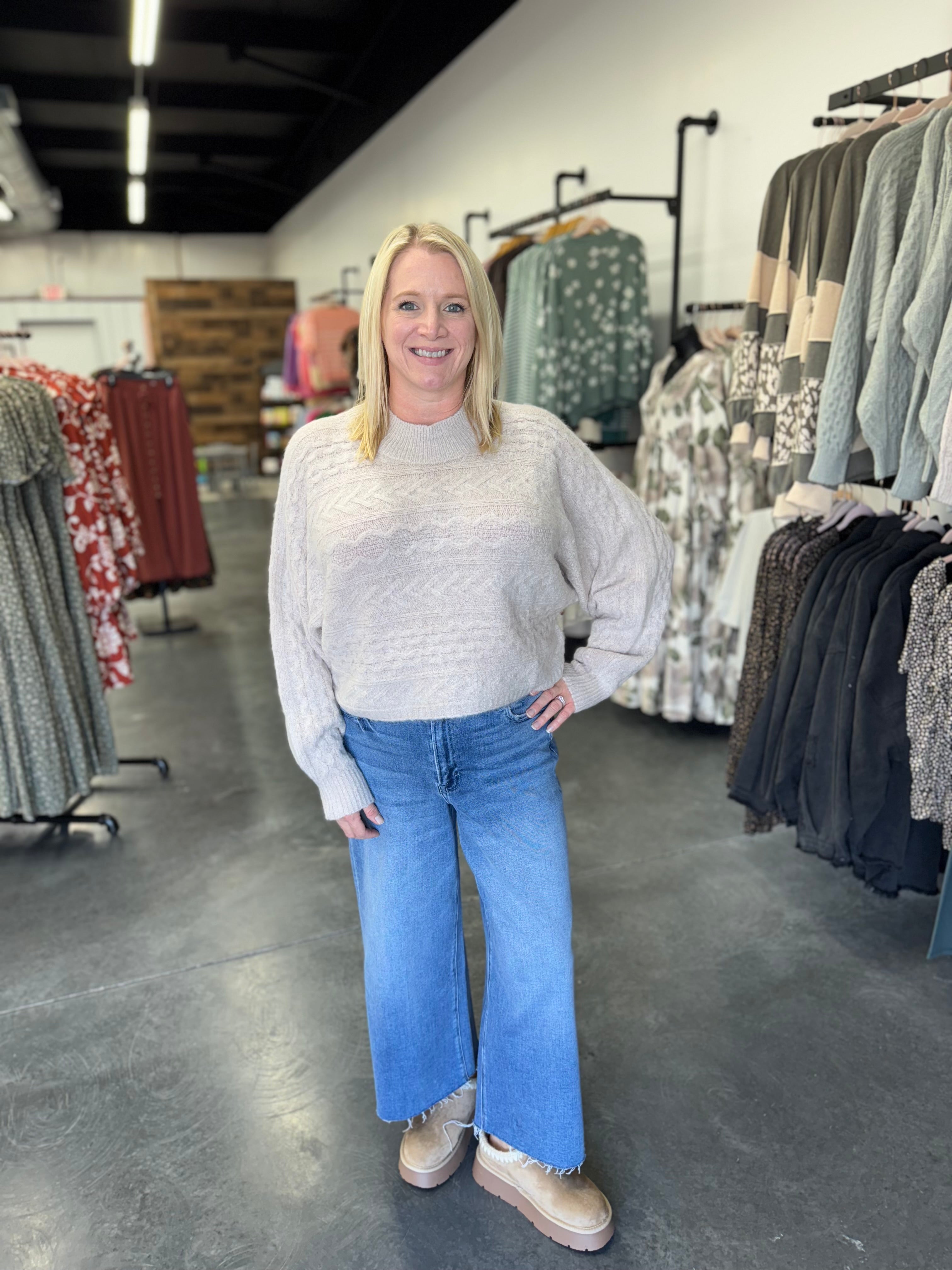 Long Sleeve Cable Knit Cropped Sweater