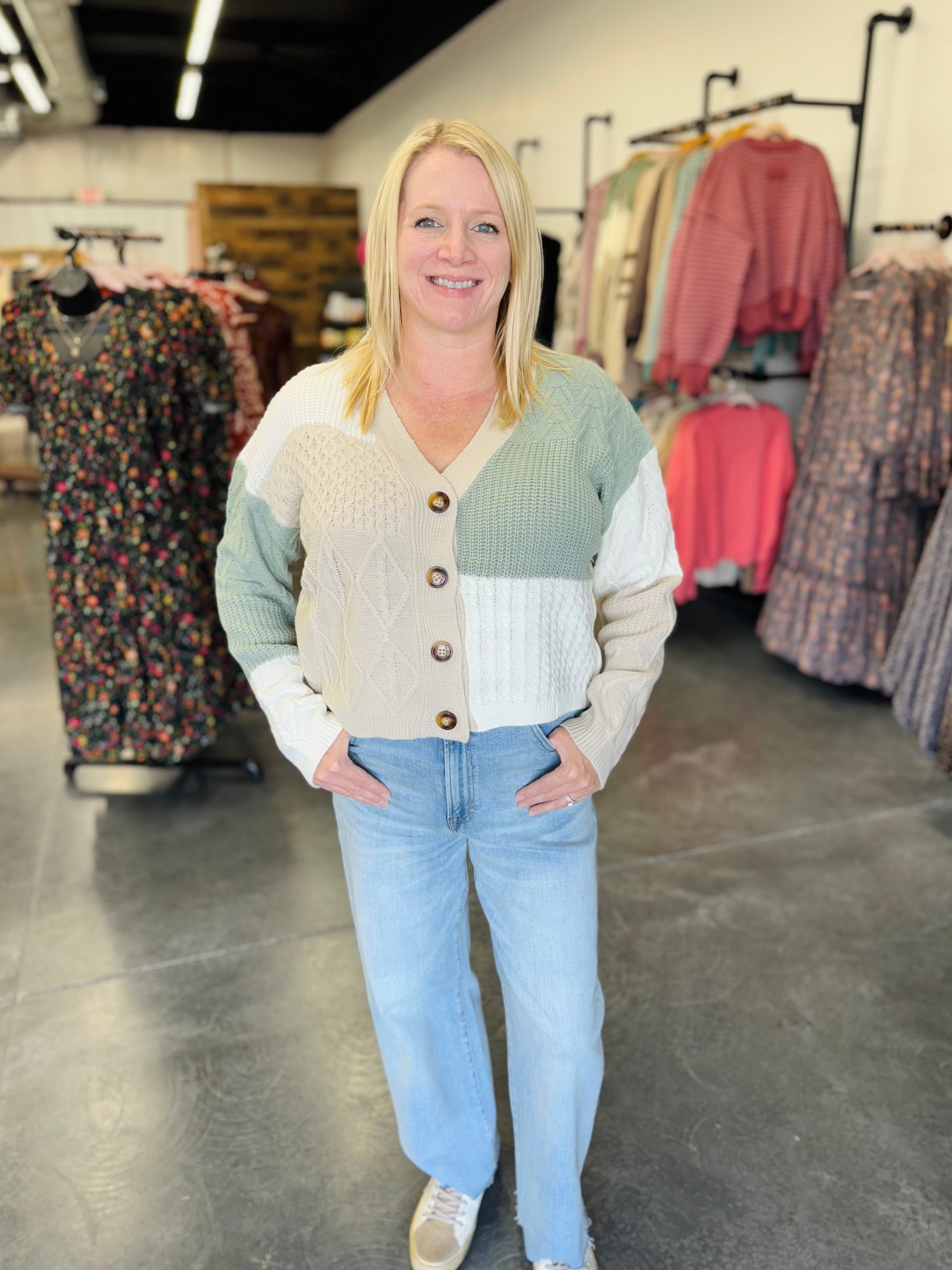 Color Block Cropped Cardigan