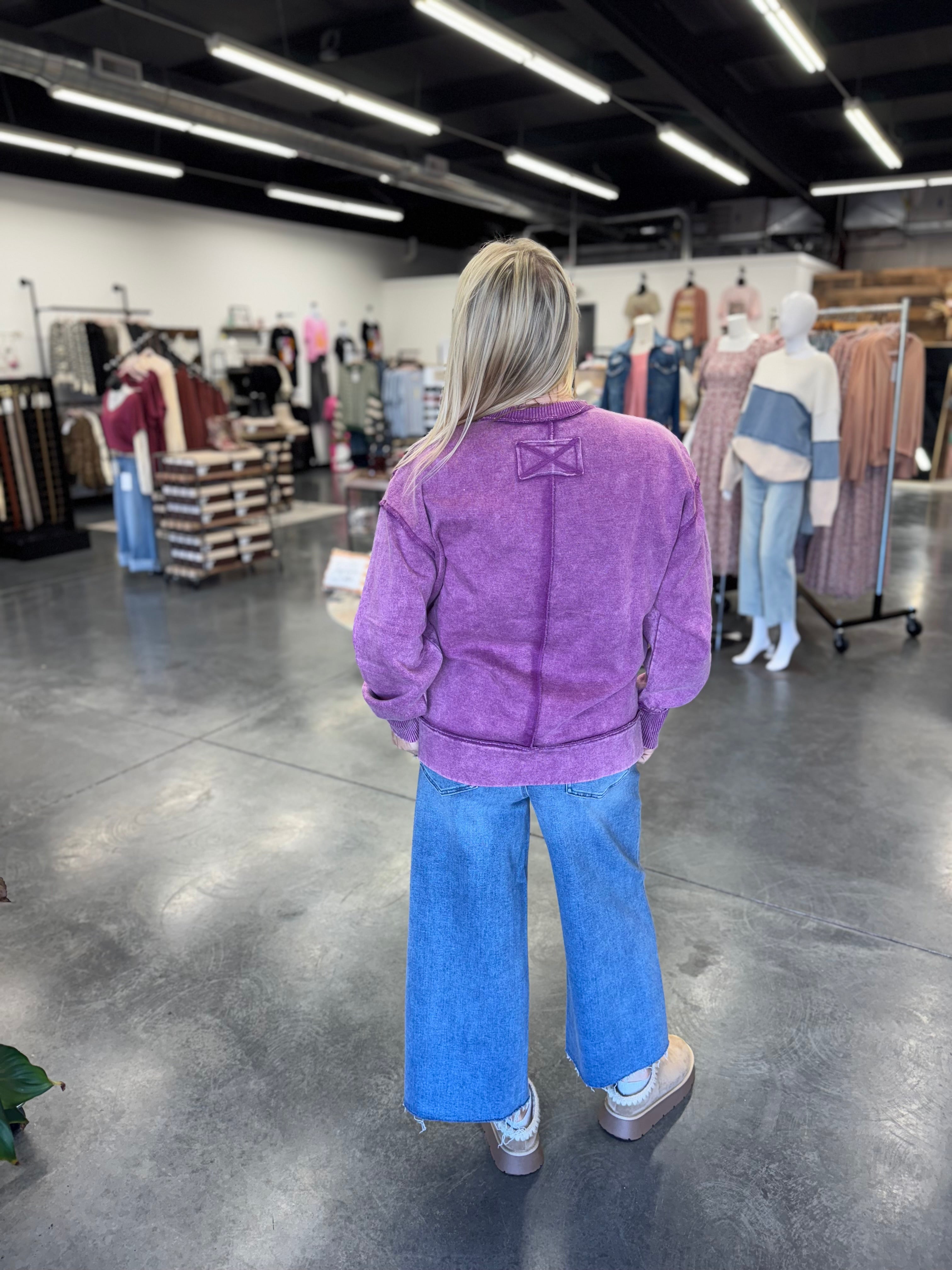 Acid Wash Exposed-Seam Fleece Sweatshirt