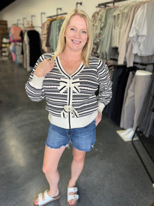 Striped V-Neck Sweater with Decorative Bows