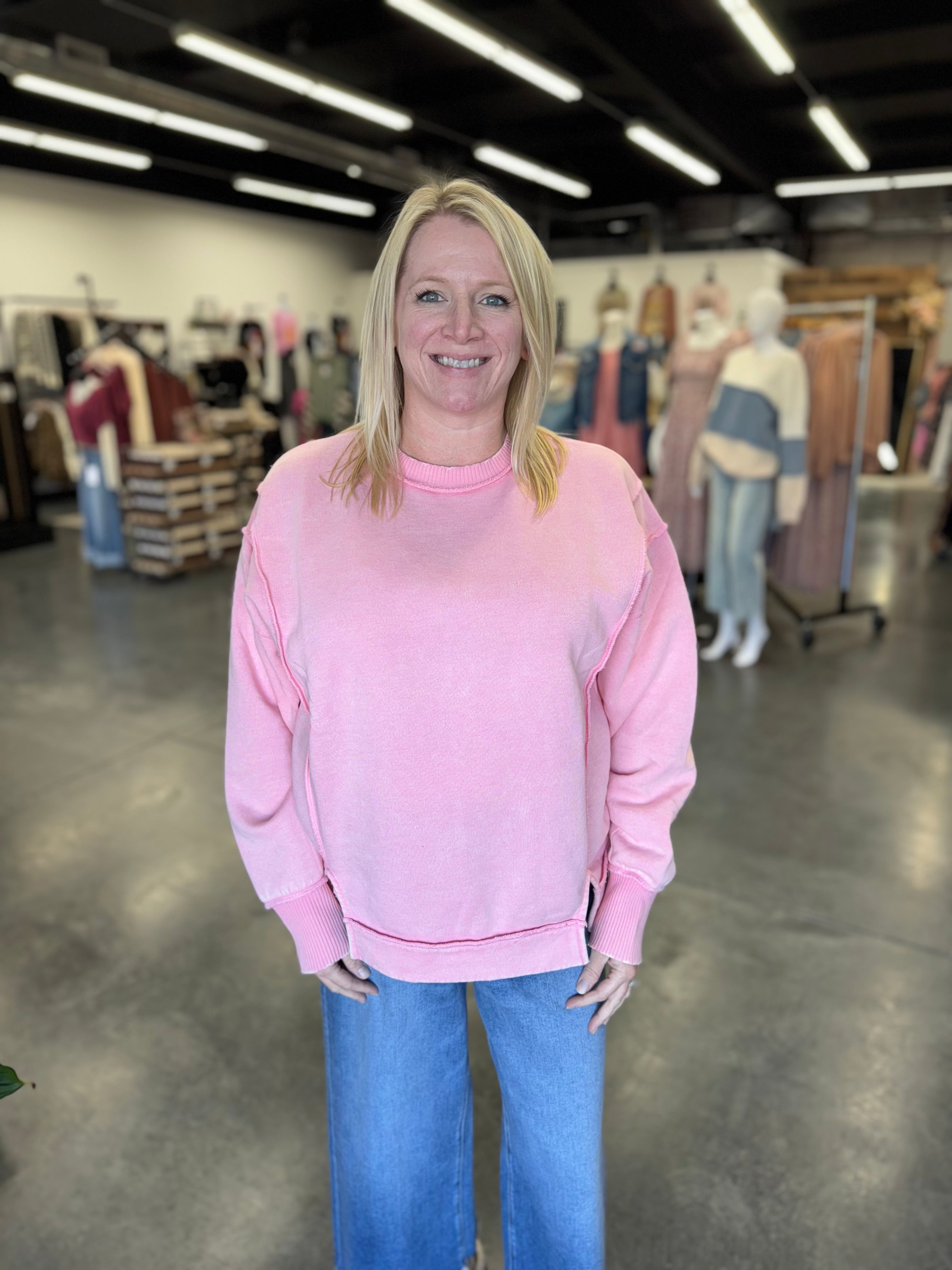 Acid Wash Exposed-Seam Fleece Sweatshirt