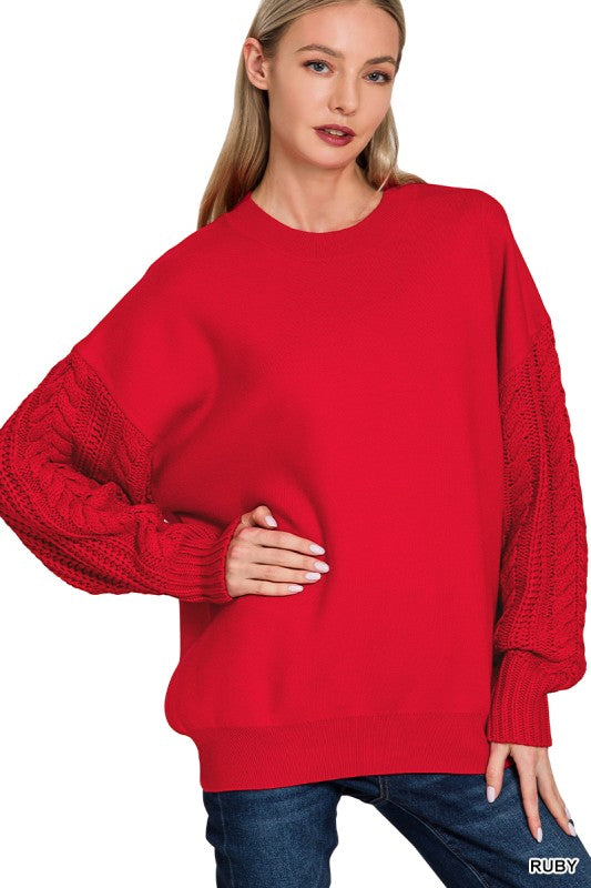 Ruby Red Cable Knit Sleeve Round Neck Sweater