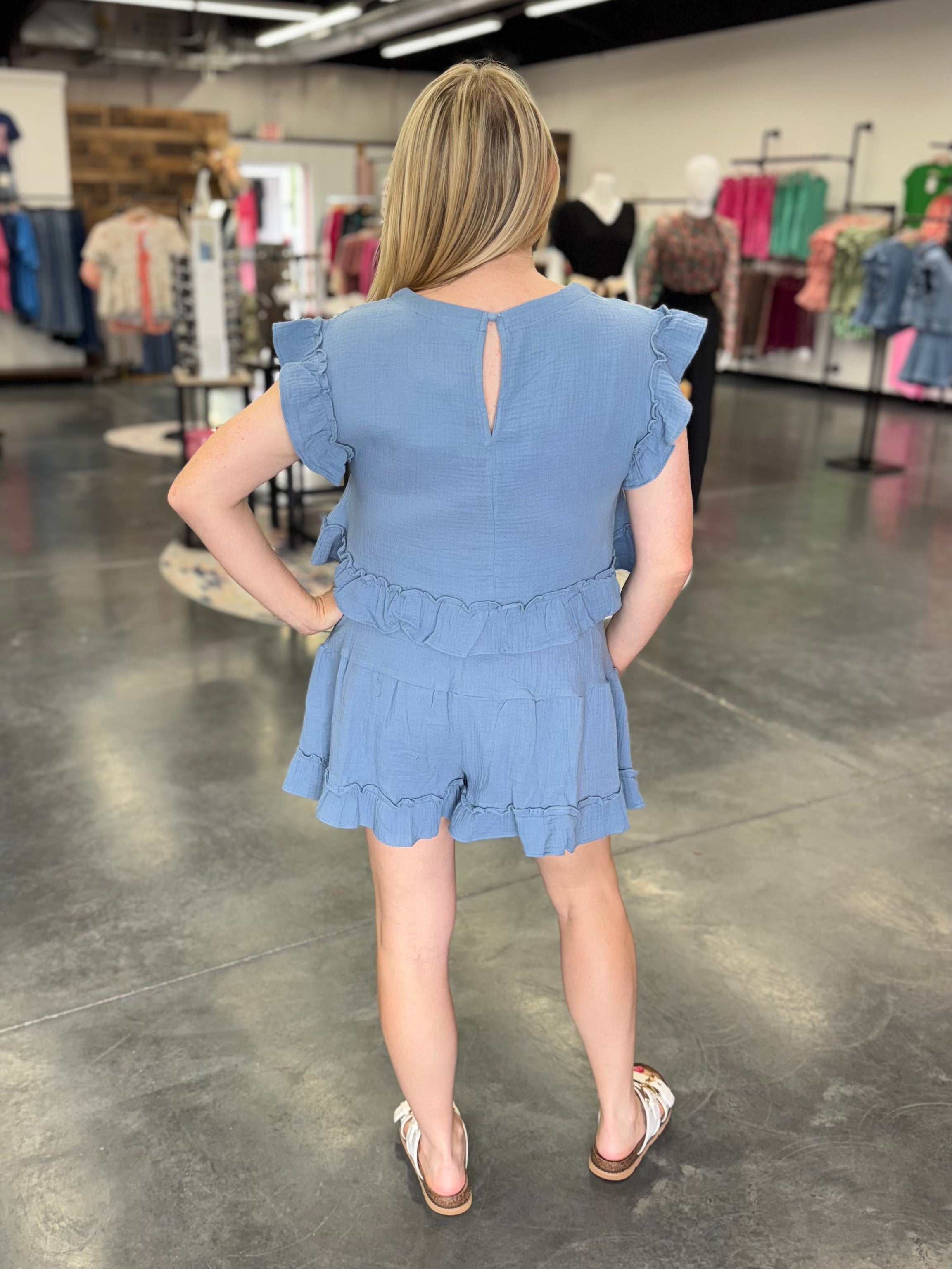 Ruffled Solid Woven Top & Shorts Set