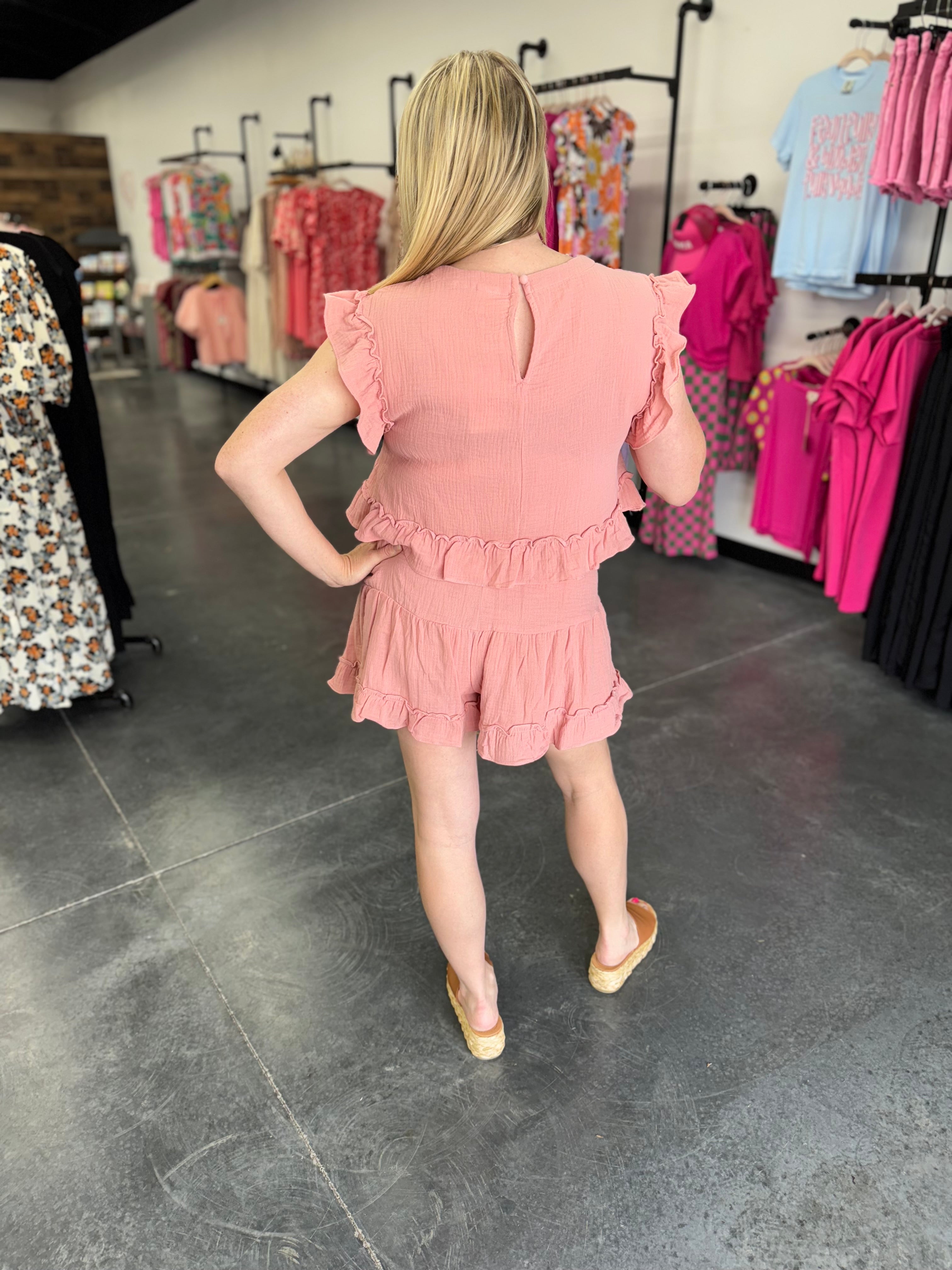 Ruffled Solid Woven Top & Shorts Set