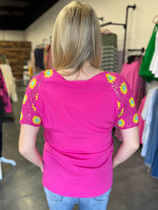 Fuchsia Woven Top with Crochet Sleeves