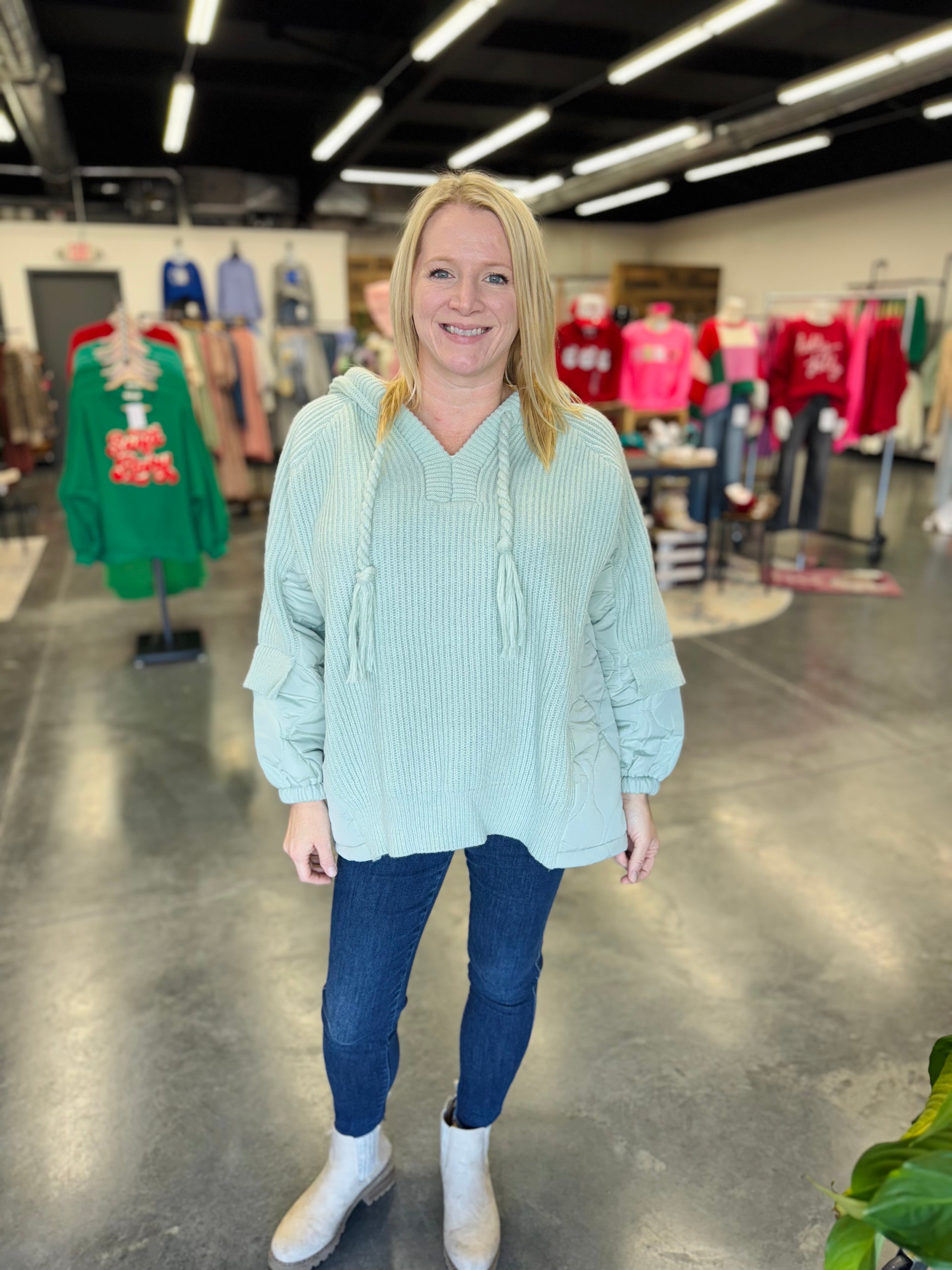 Mint Crochet Puffer Pullover