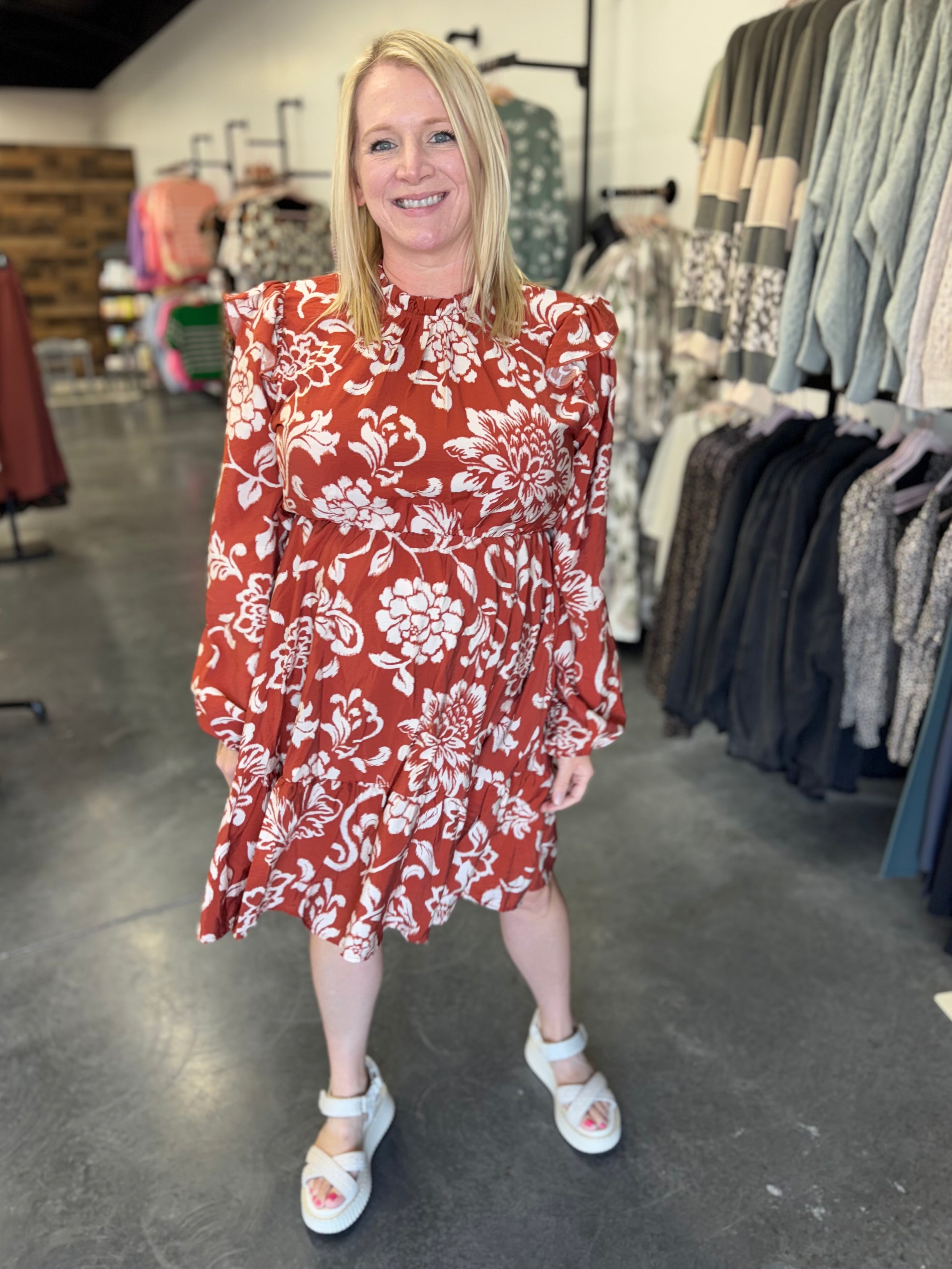 Fall Floral Tiered Mock Neck Midi Dress ￼