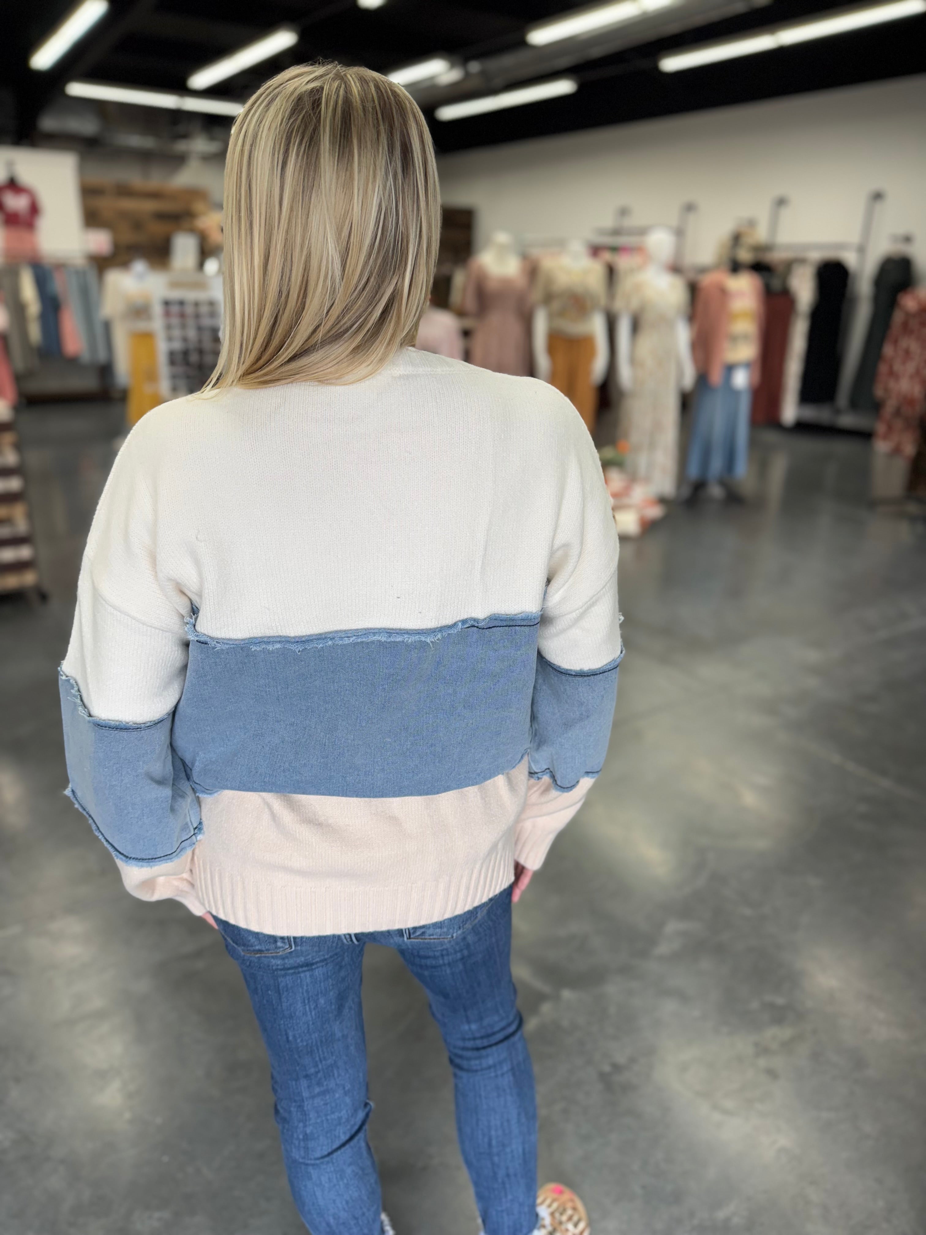 Denim Stripe Color Block Sweater