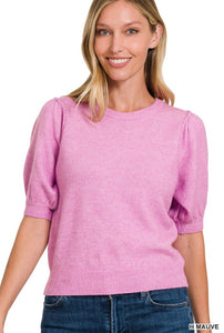 Melange Puff Sleeve Round Neck Sweater