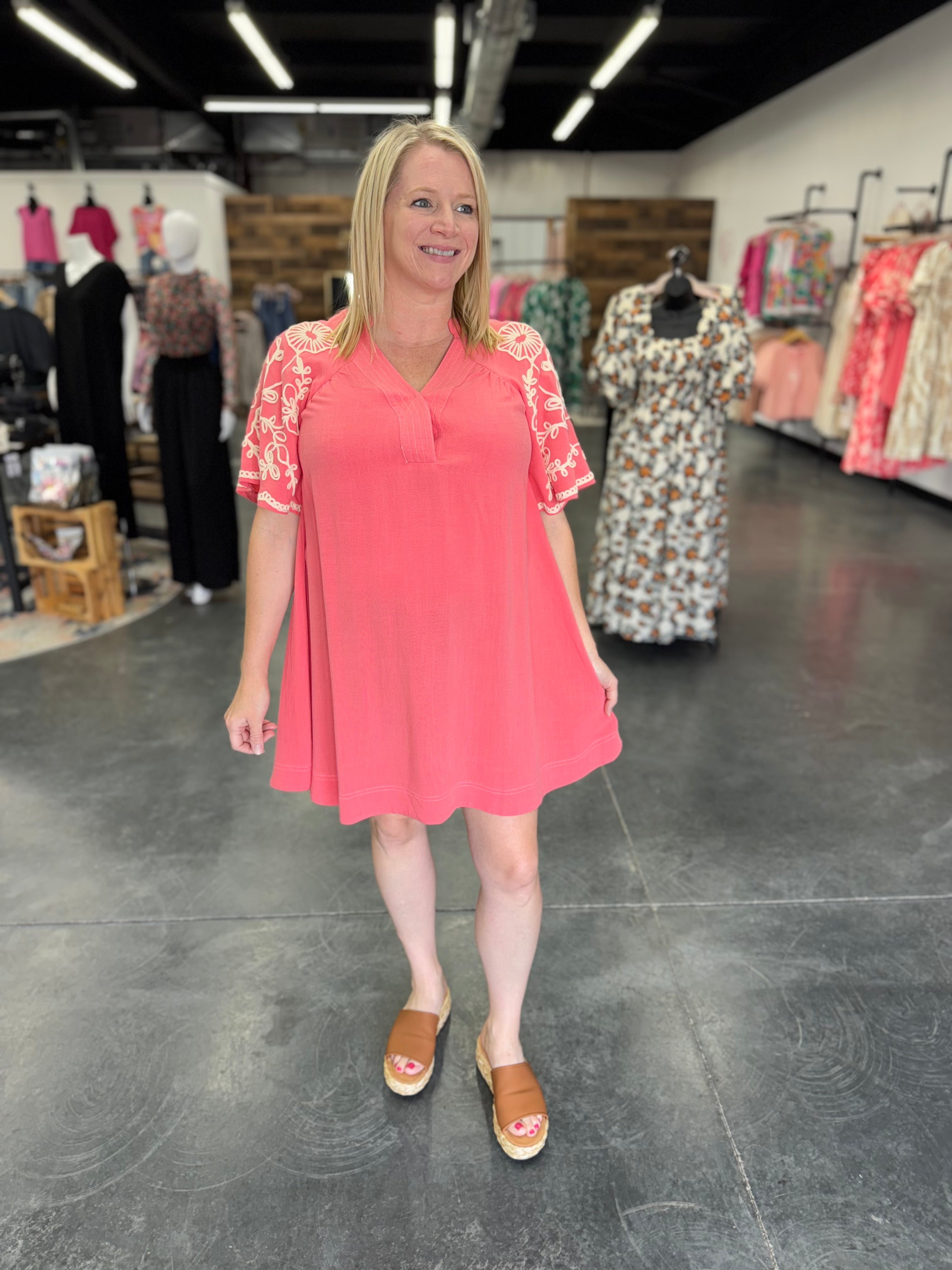 Coral Embroidered Sleeve Dress