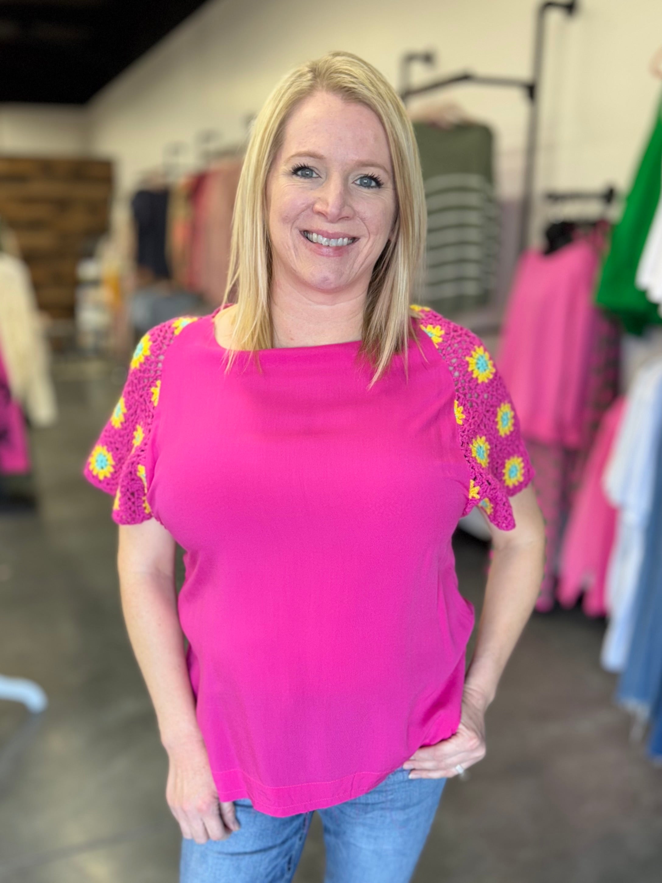 Fuchsia Woven Top with Crochet Sleeves