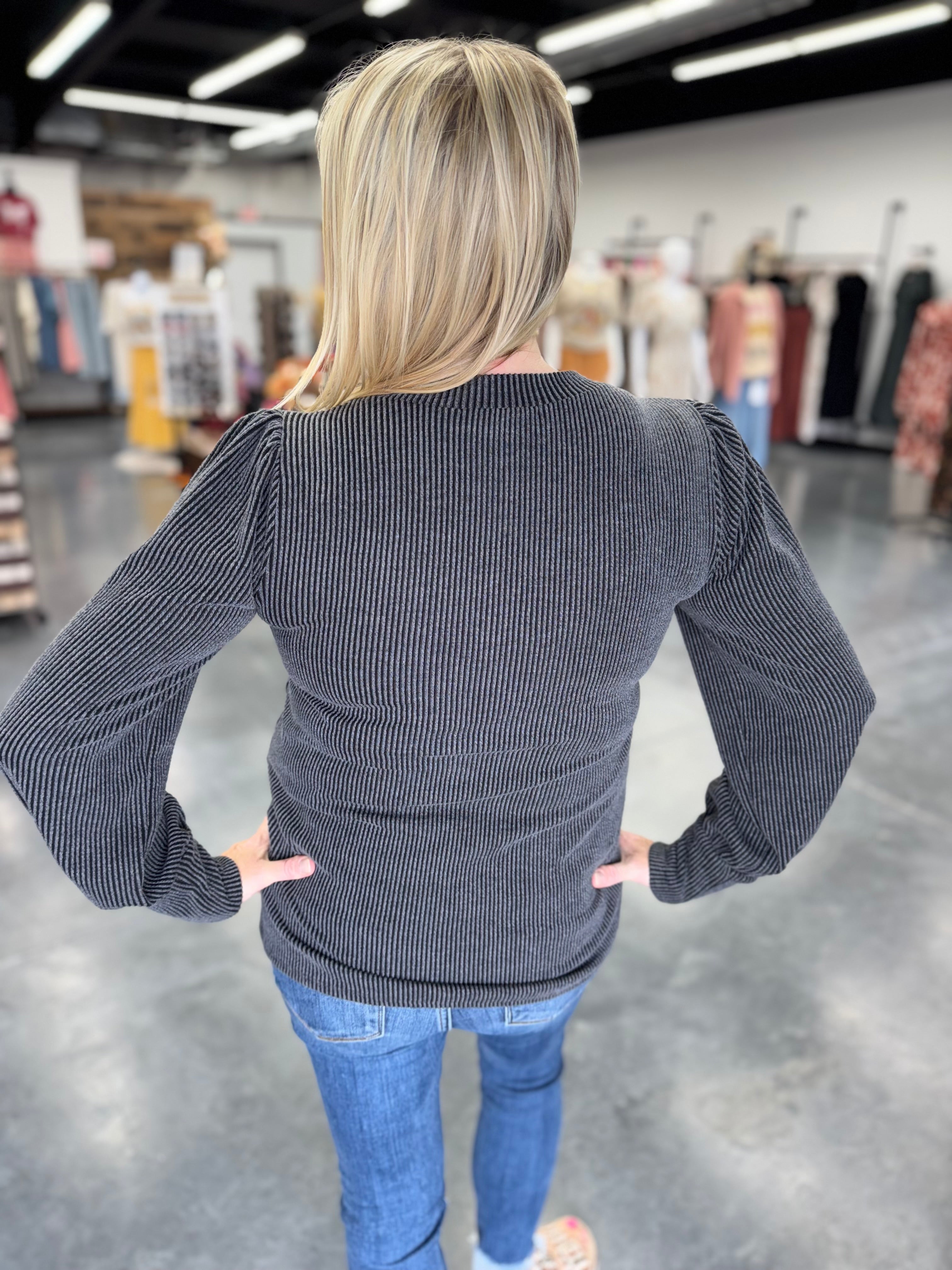 Round Neck Textured Long Sleeve Rib Knit Top