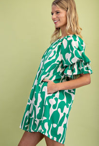 Kelly Green and White Geometric Print Loose Fit Mini Dress
