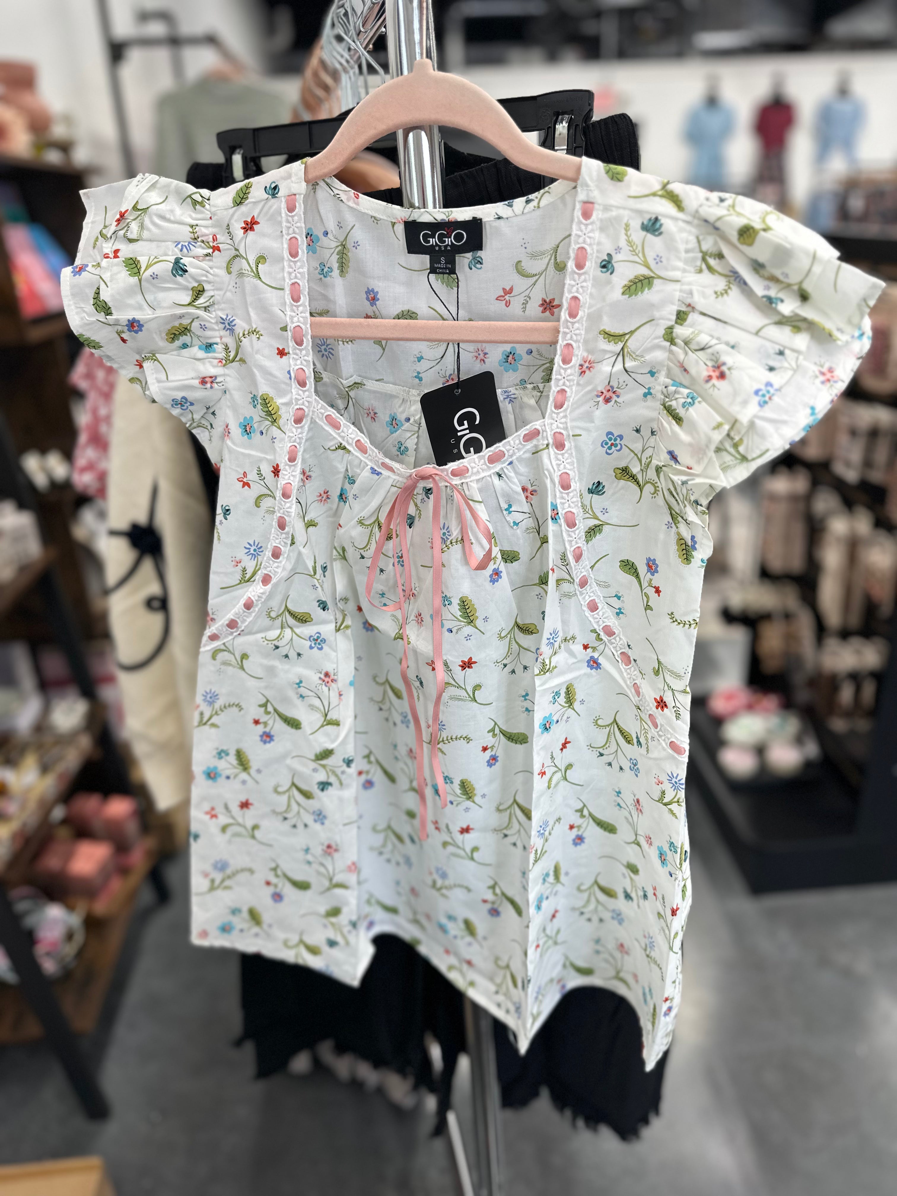 Floral Top with Ruffle Sleeves