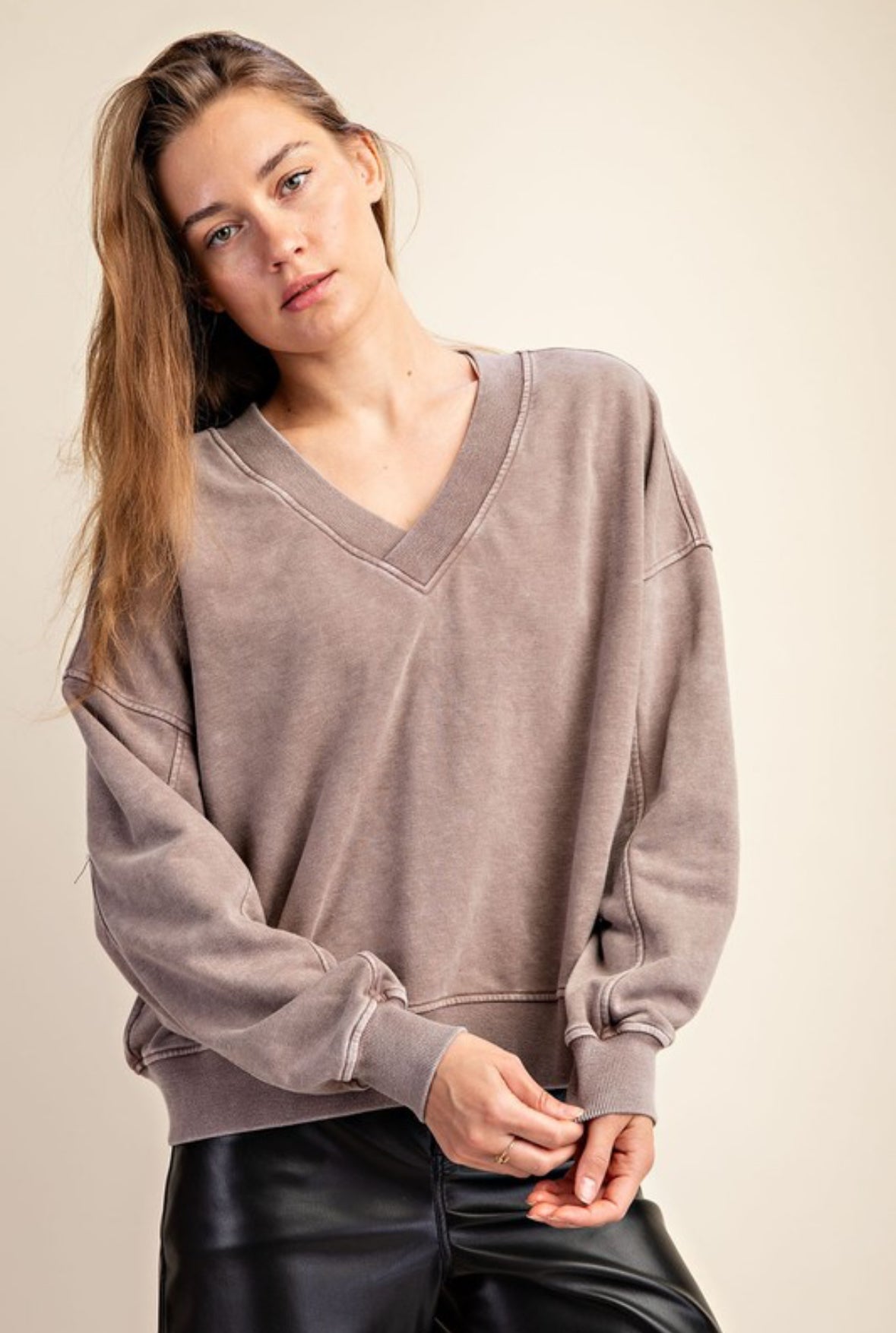 Rae Mode Mineral Wash French Terry V-Neck Pullover