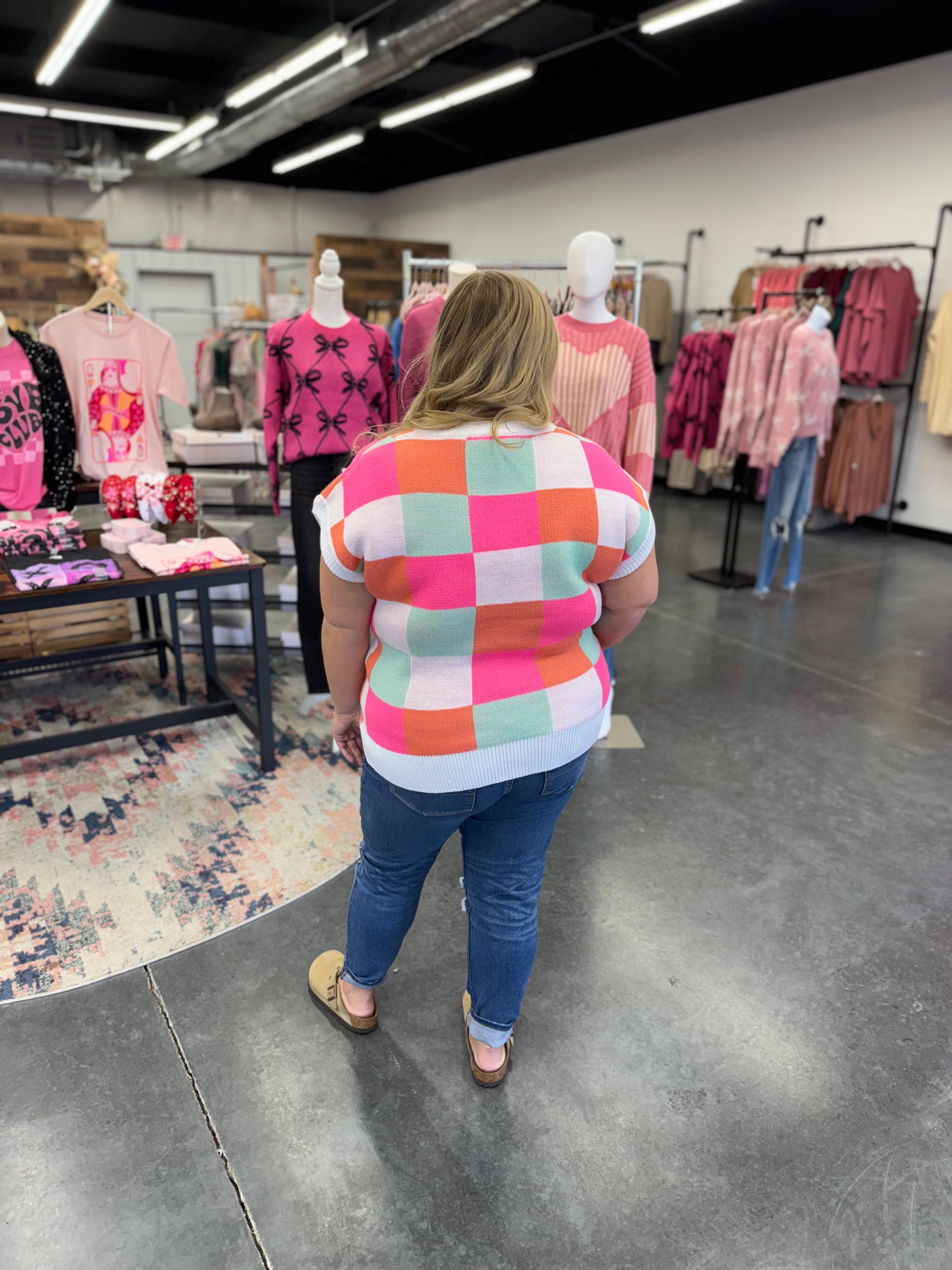 Dolman Short Sleeve Checkered Sweater Knit Top