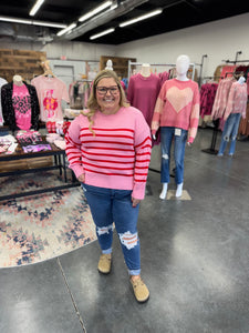 Pink and Red Striped Loose Fit High Low Pullover Sweater