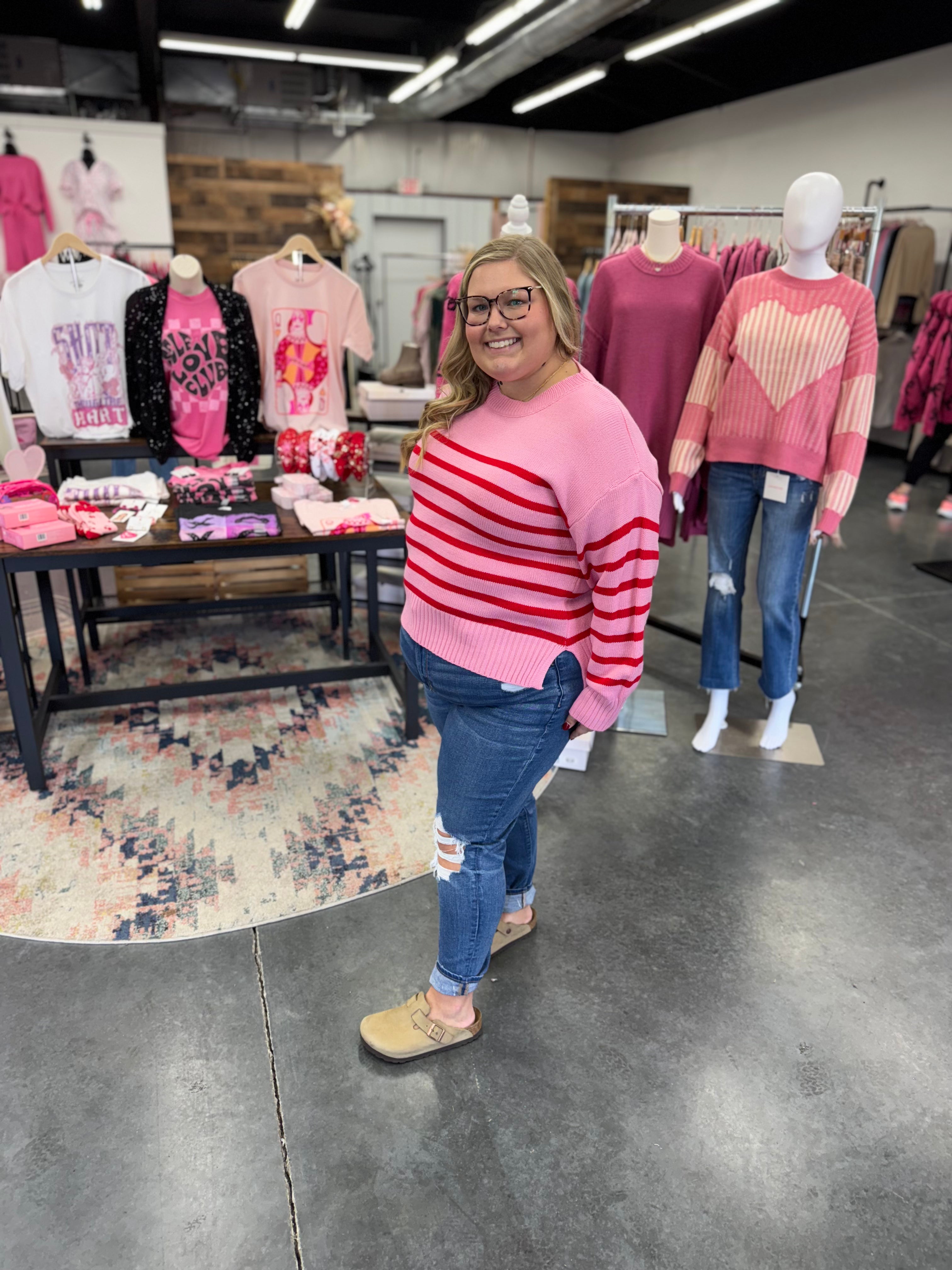 Pink and Red Striped Loose Fit High Low Pullover Sweater