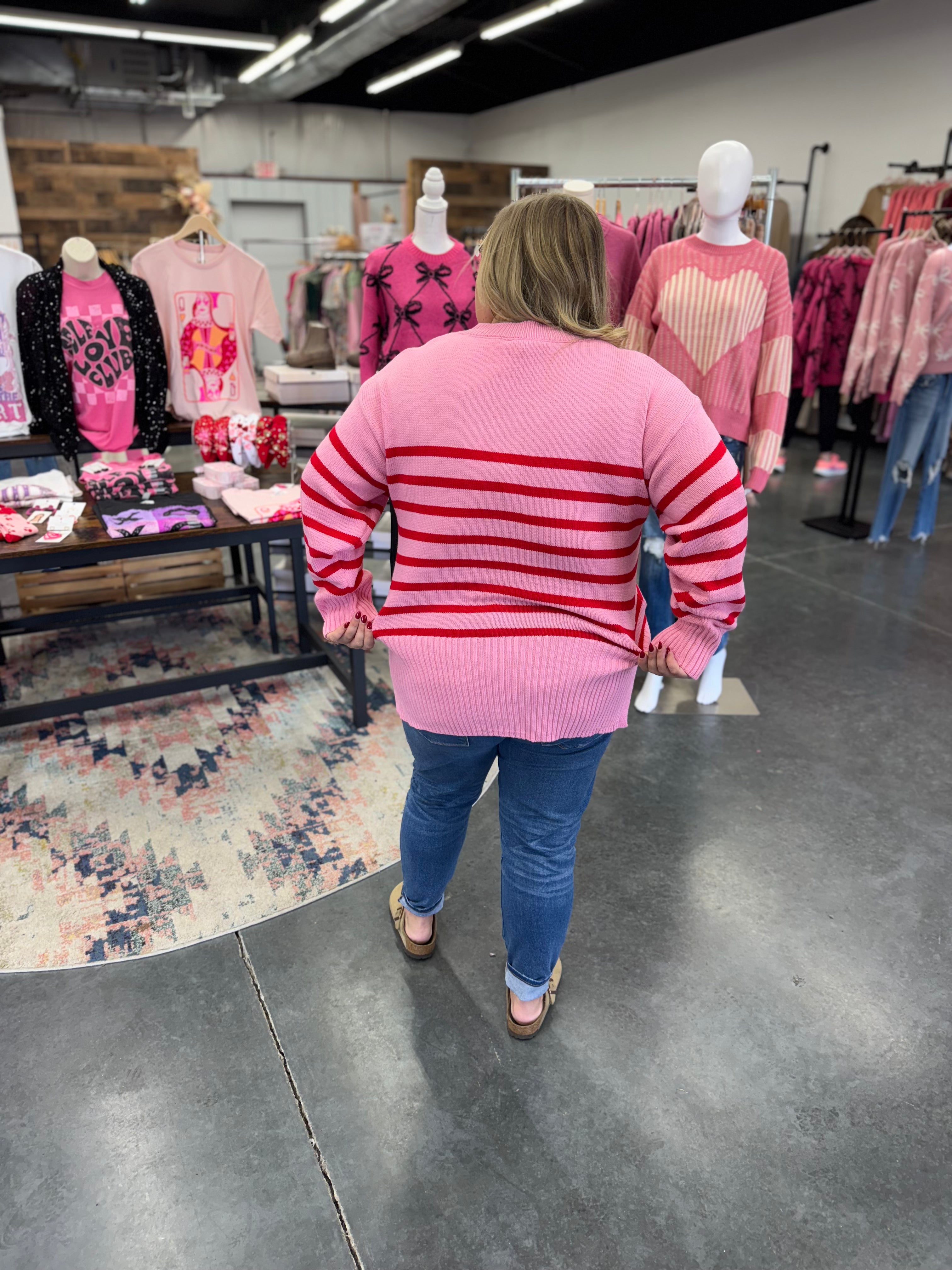 Pink and Red Striped Loose Fit High Low Pullover Sweater