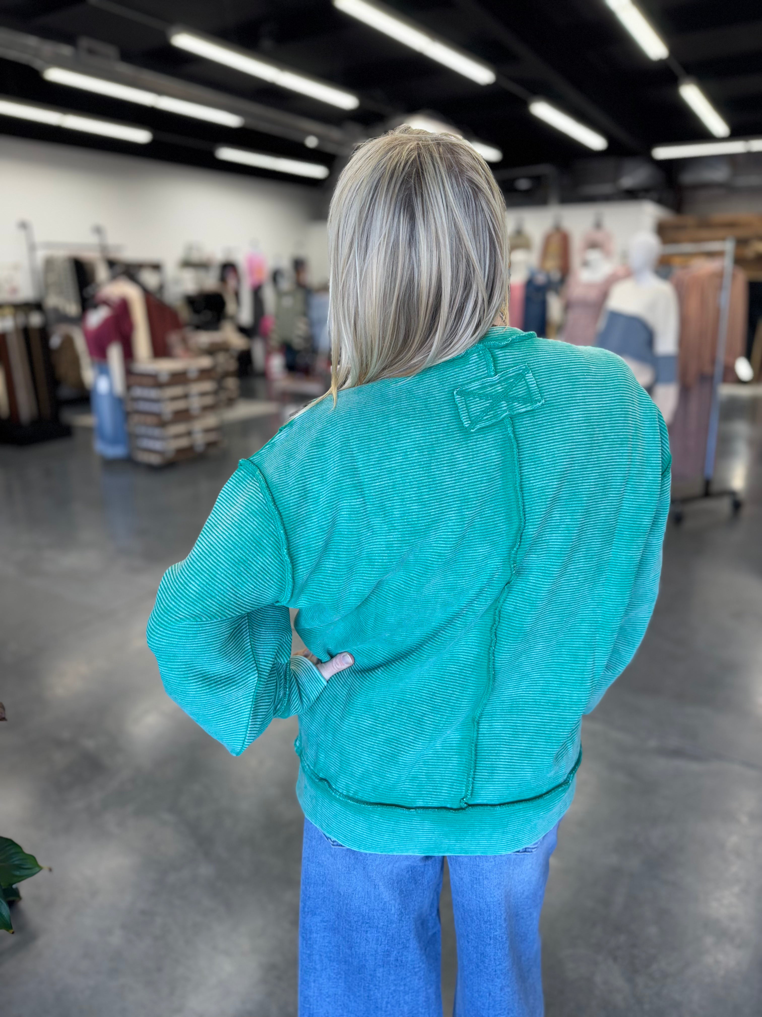 Kelly Green Acid Wash Exposed Seam Ribbed Pullover