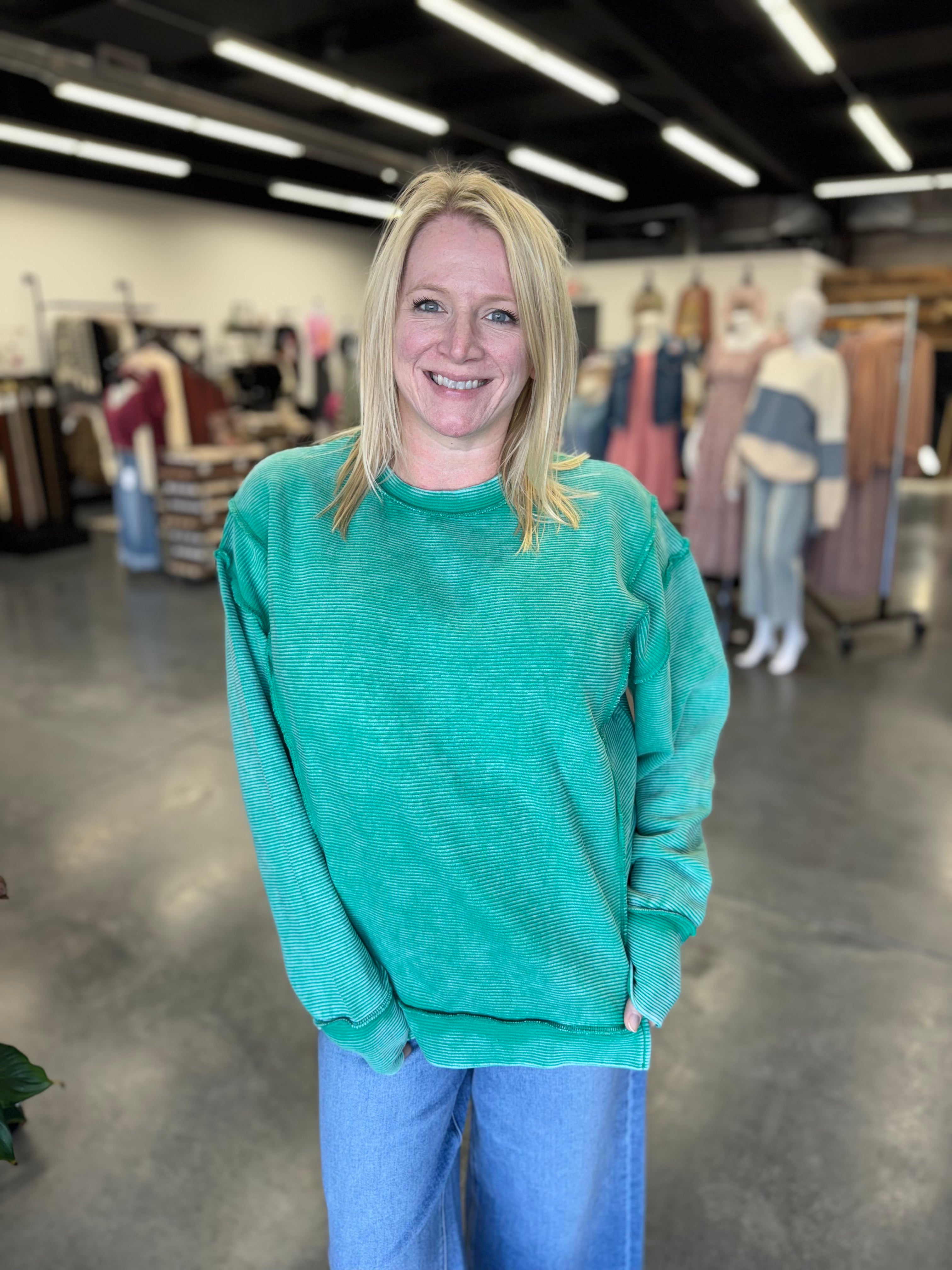 Kelly Green Acid Wash Exposed Seam Ribbed Pullover