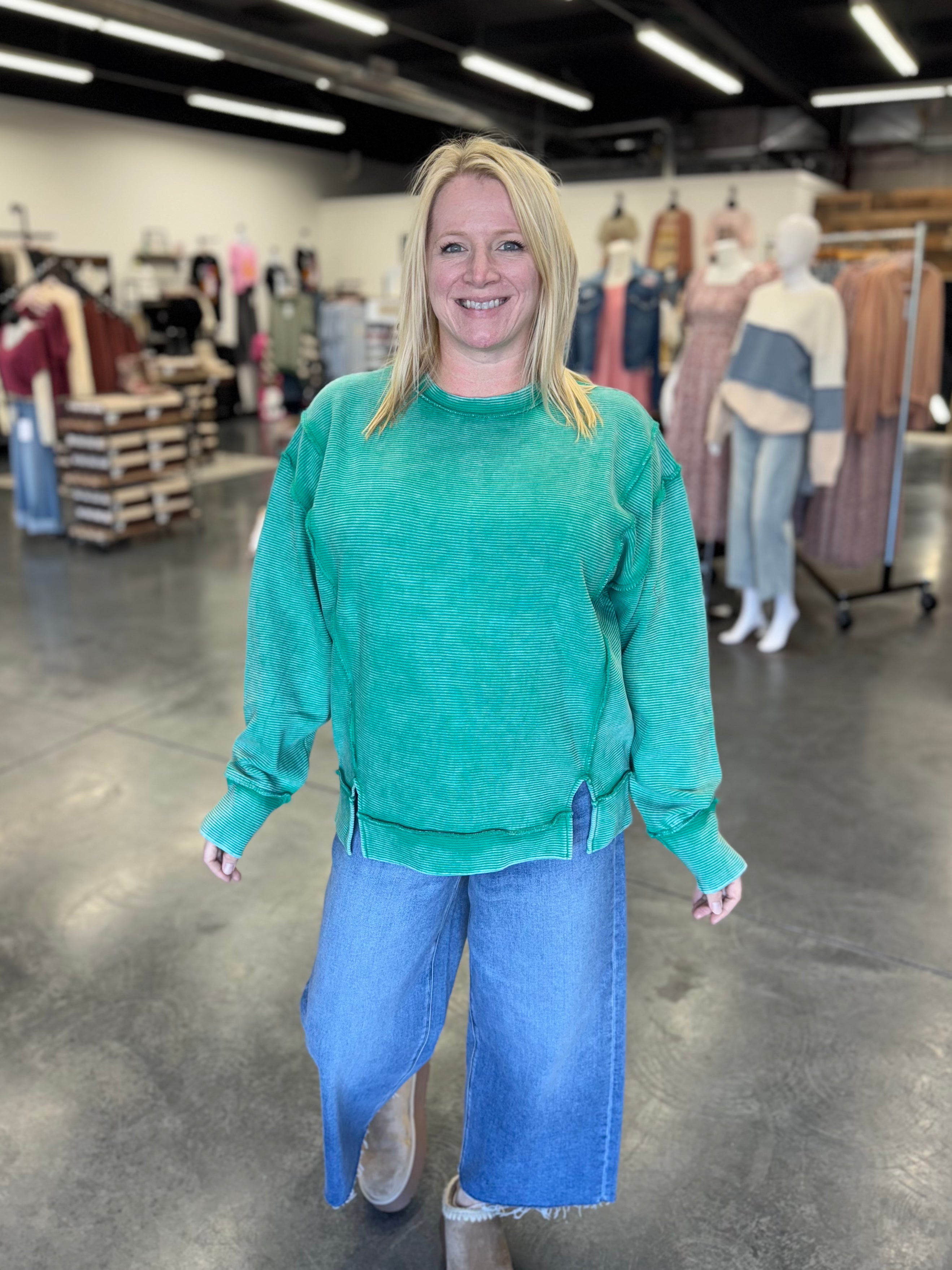 Kelly Green Acid Wash Exposed Seam Ribbed Pullover
