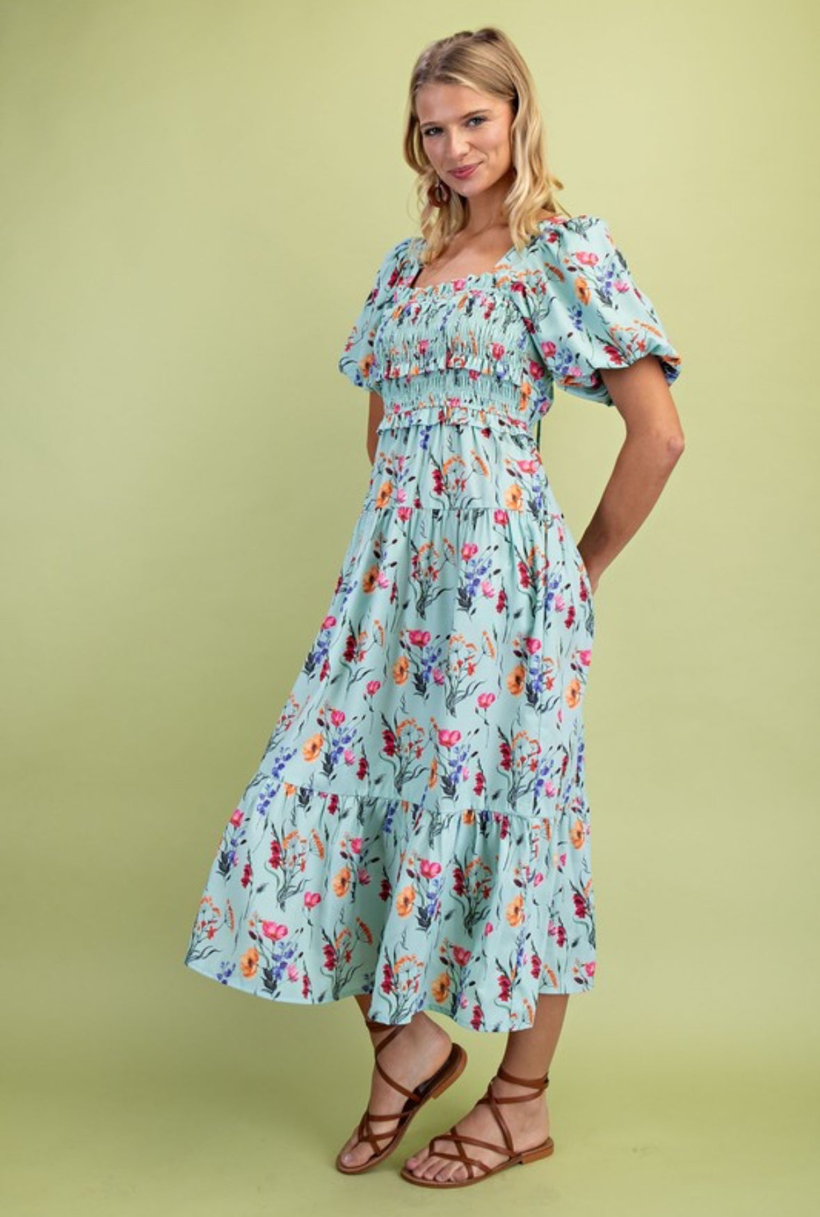 Mint Floral Square Neck Puff Sleeve Dress