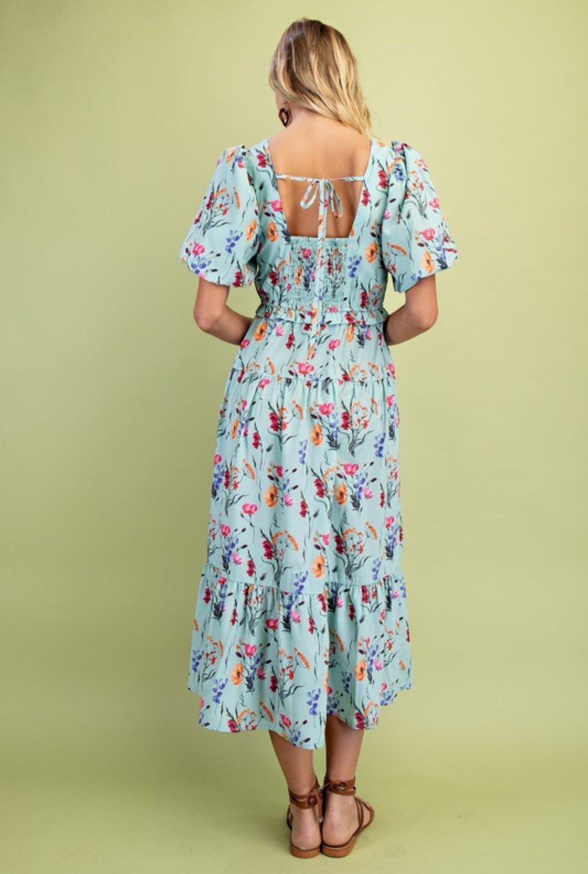 Mint Floral Square Neck Puff Sleeve Dress