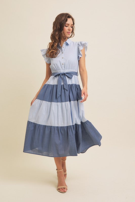 Blue Color-blocked Midi Dress With Ruffle Details