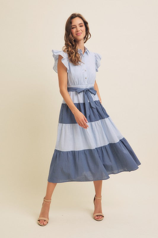 Blue Color-blocked Midi Dress With Ruffle Details
