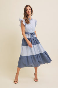 Blue Color-blocked Midi Dress With Ruffle Details
