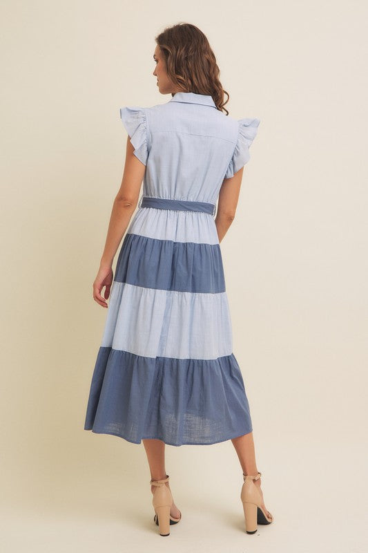 Blue Color-blocked Midi Dress With Ruffle Details
