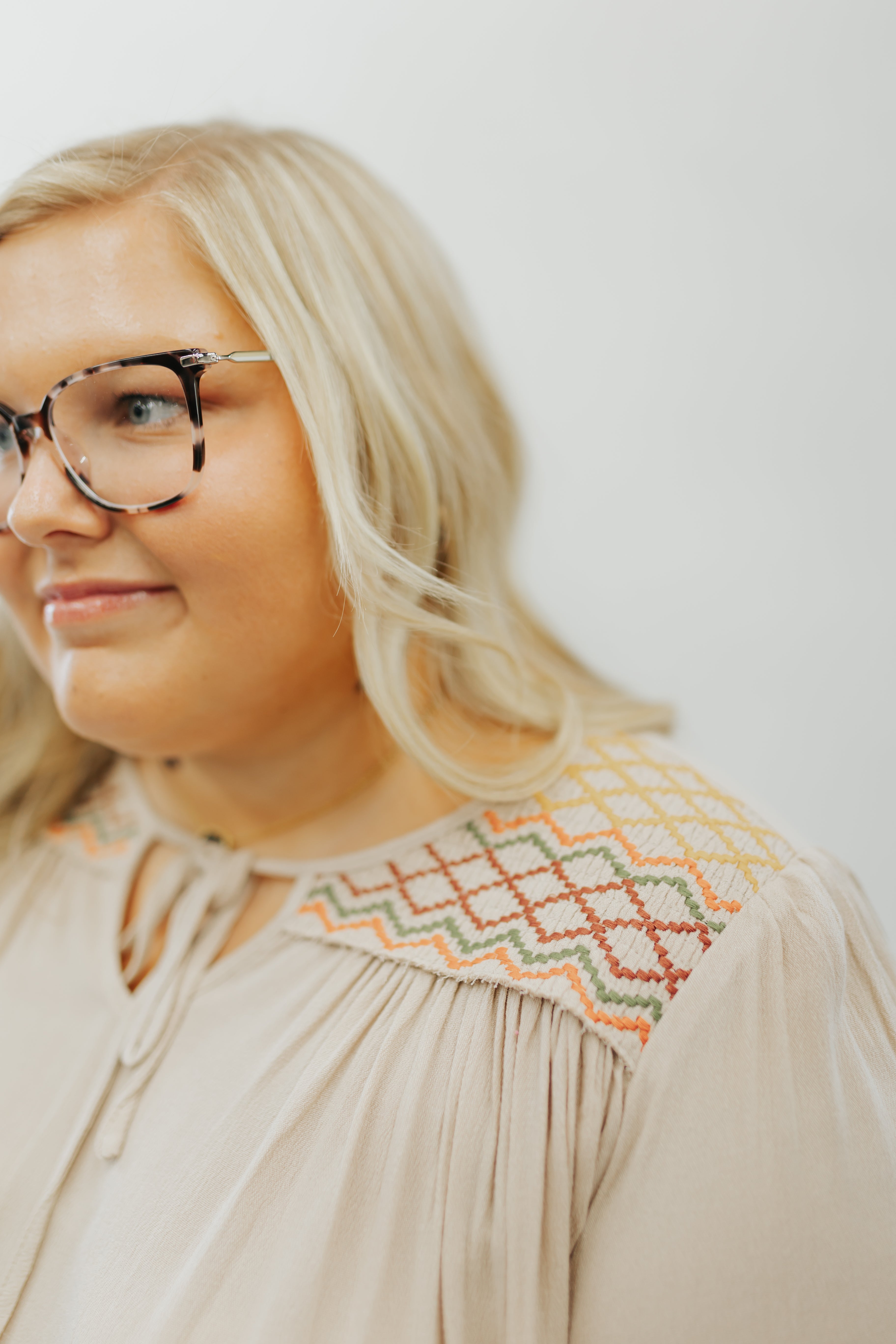 Embroidered Tie Neck Top