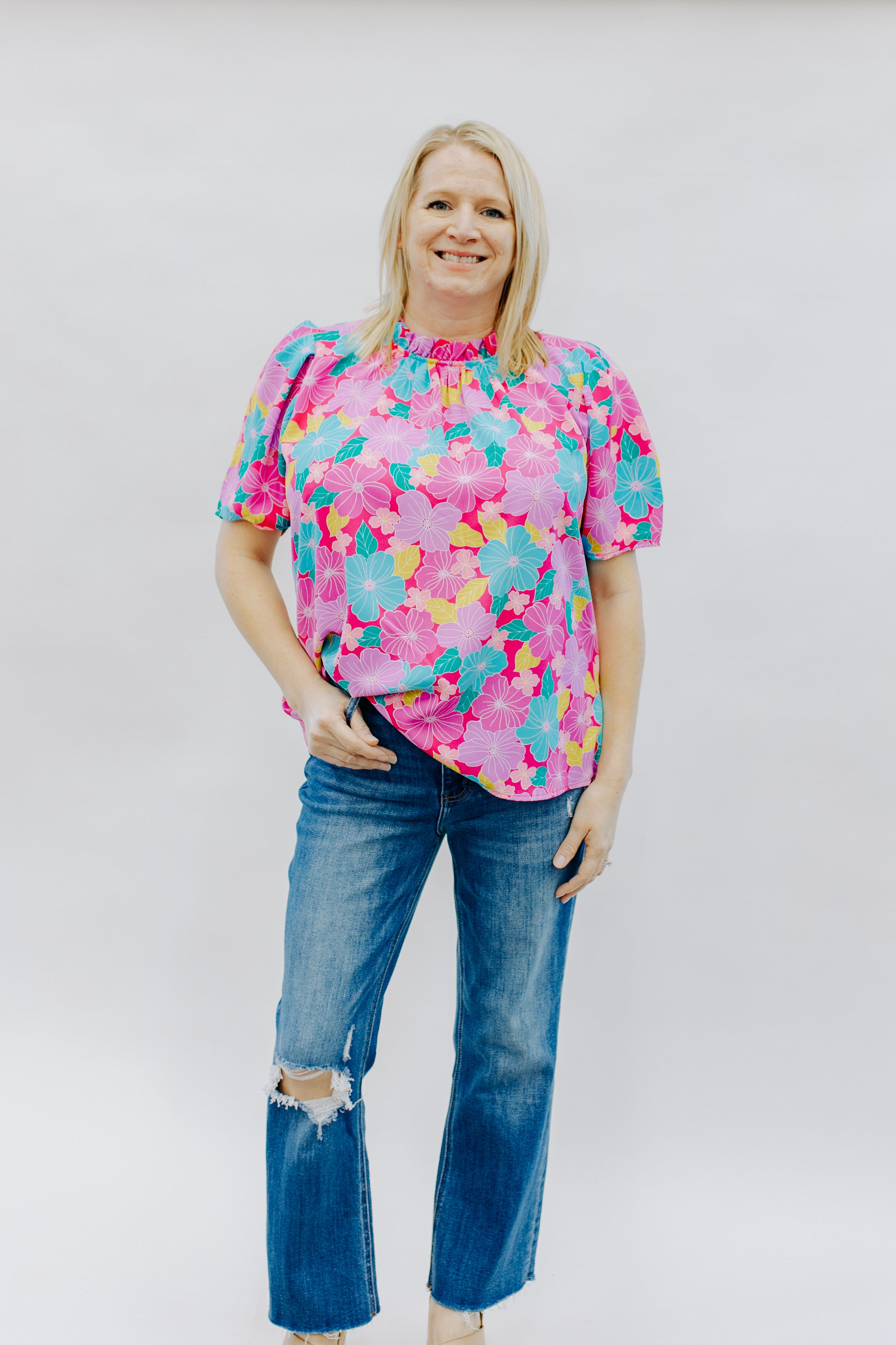 Frilled Mock Neck Floral Blouse