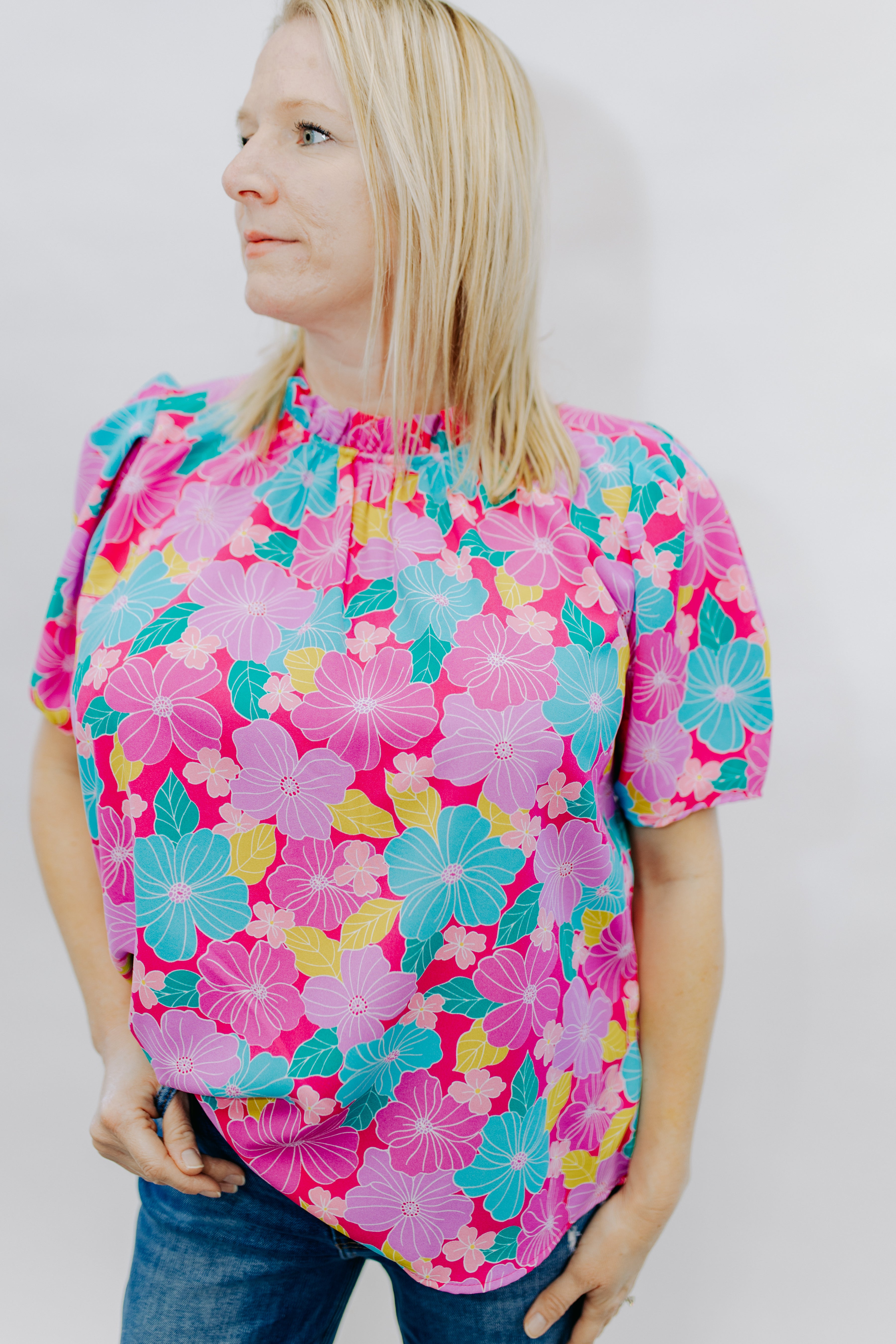 Frilled Mock Neck Floral Blouse
