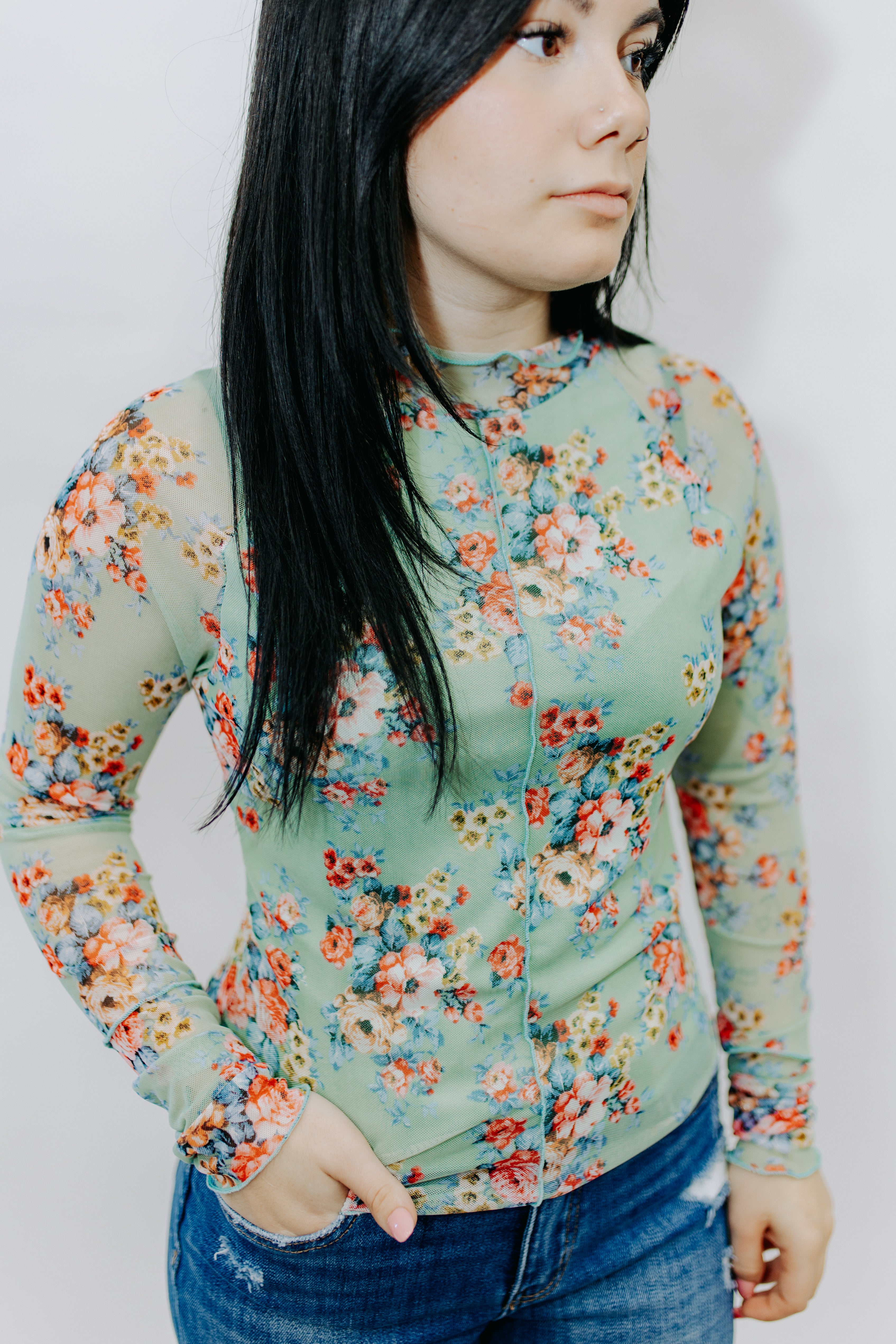 Light Sage Mock Neck Long Sleeve Floral Print Stretchy Mesh Top