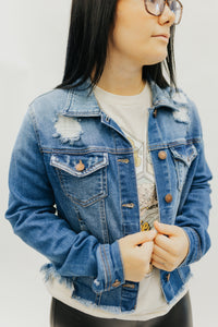 Risen Distressed Vintage Frayed Hem Denim Jacket