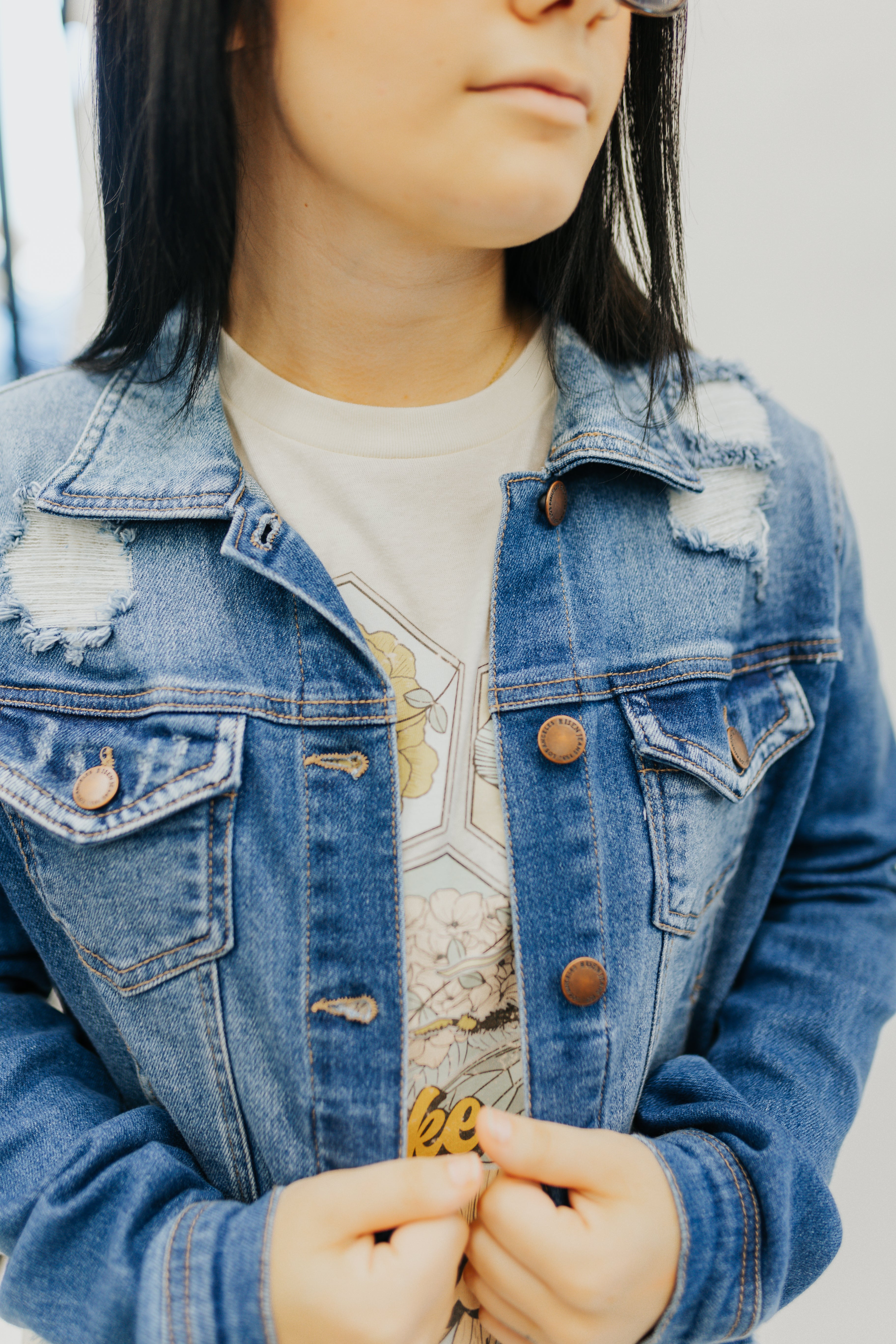 Risen Distressed Vintage Frayed Hem Denim Jacket