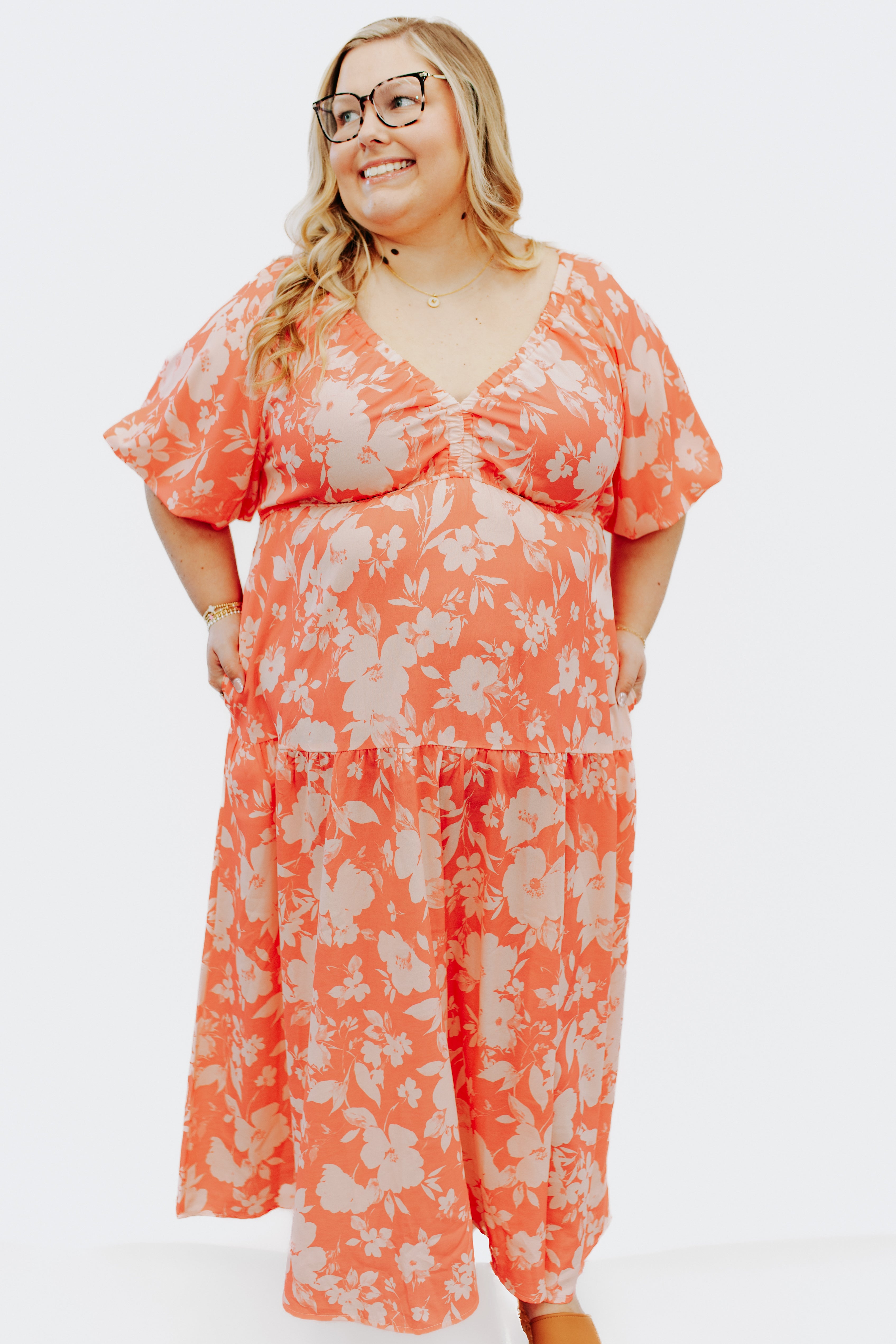 Coral Bubble Short Sleeve Maxi Dress