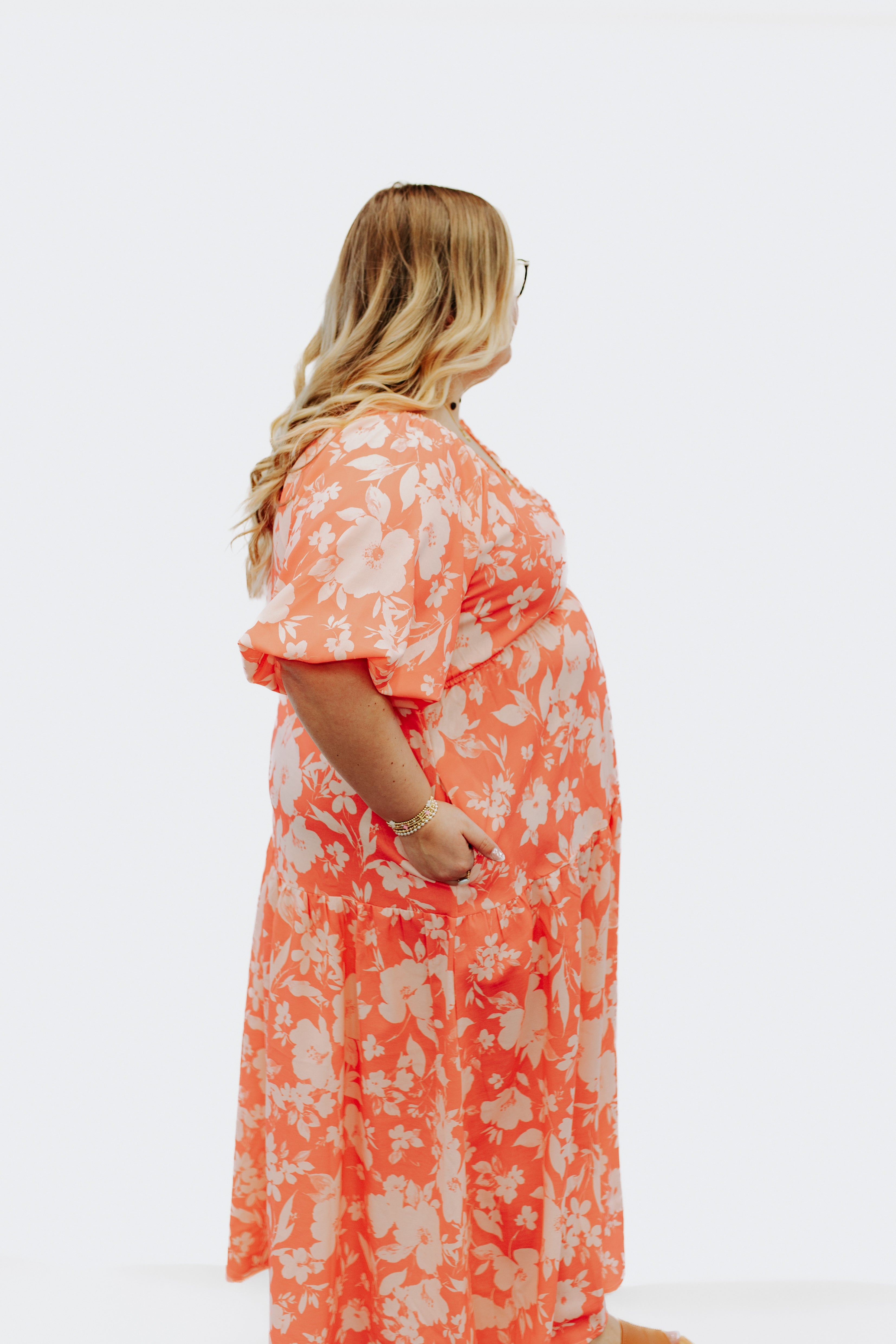 Coral Bubble Short Sleeve Maxi Dress