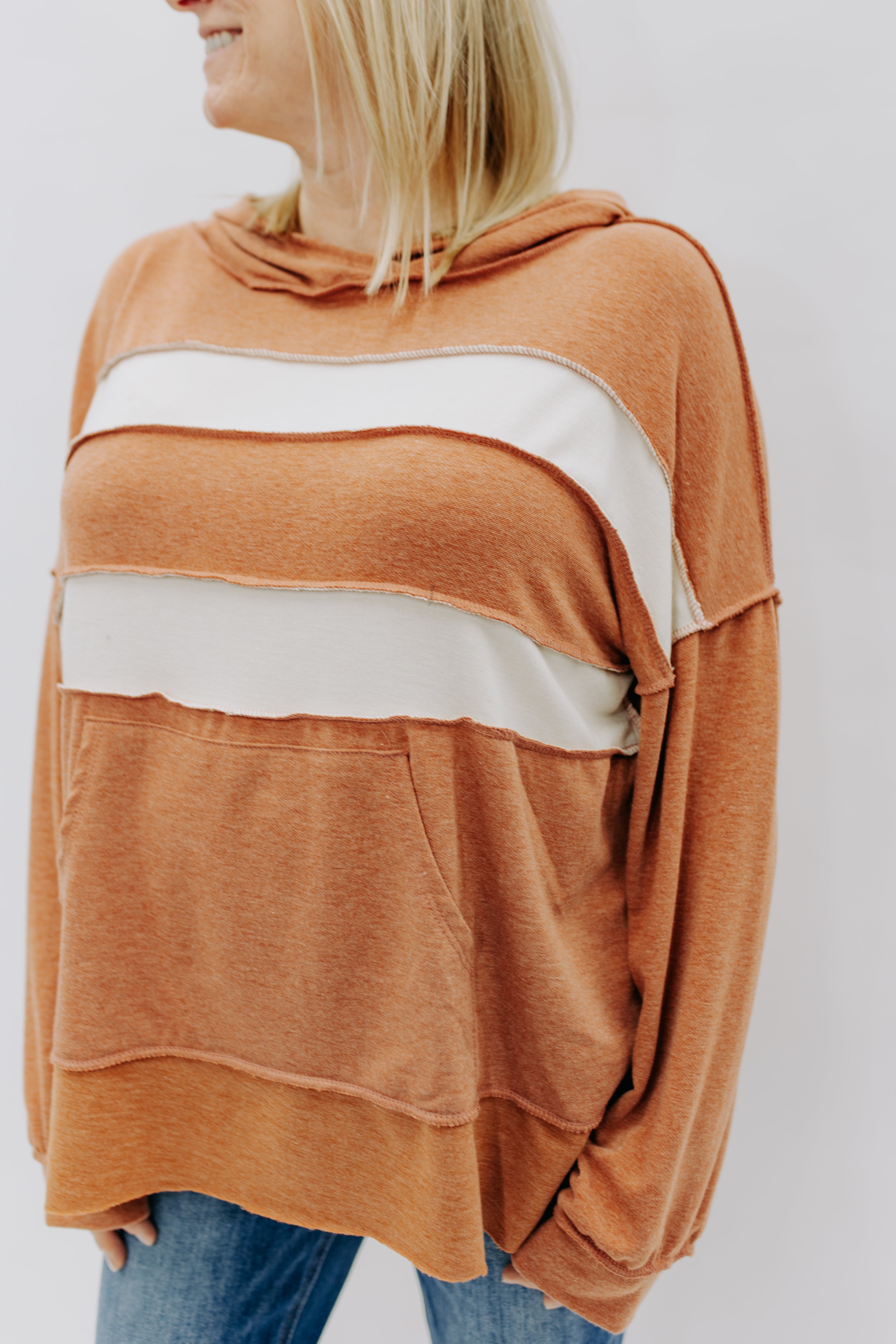 Color Block Pullover Hoodie With Side Slits